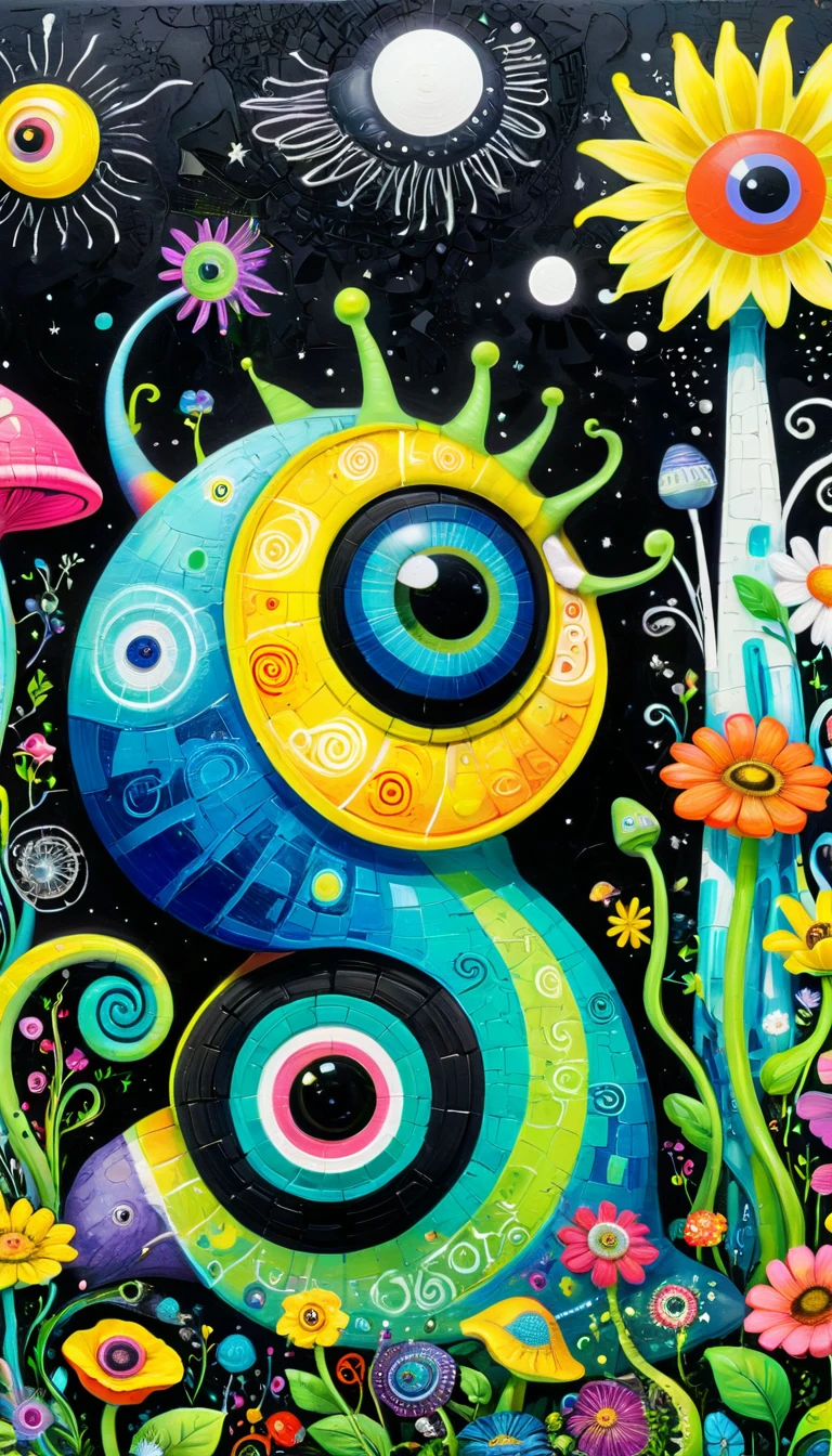 Children's graffiti,Thick coating，Concave and convex texture，Oil pastel strokes：Colorful black，Dopamine color matching，A big snail、house、flowesh、Tentacles、bird、(((Eye)))、diatom，Abstract mosaic painting，Describing the inner world of autistic people，Sense of space，White Space，interesting，Innocence，Psychedelic Art，
