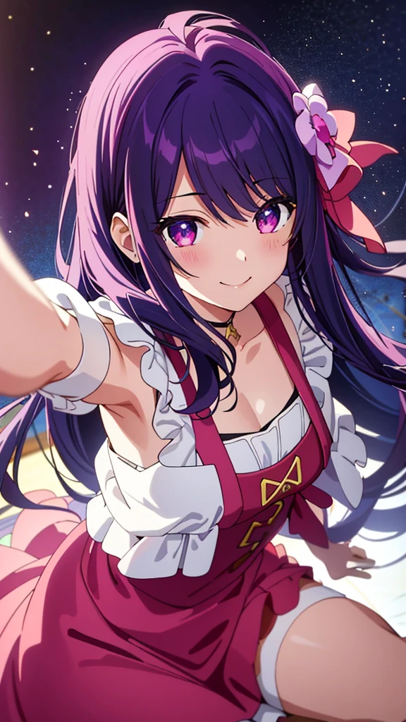 masterpiece、ighly detailed、top-quality、(1 girl in:1.2)、purple color hair、pink dress、big eye、a closeup、A smile、8K、Ai Hoshino、Live performance venue、Live Backgrounds、(((anime styled)))、