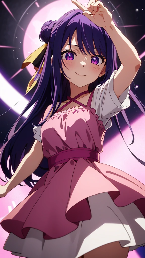 masterpiece、ighly detailed、top-quality、(1 girl in:1.2)、purple color hair、pink dress、big eye、a closeup、A smile、8K、Ai Hoshino、Live performance venue、Live Backgrounds、(((anime styled)))、