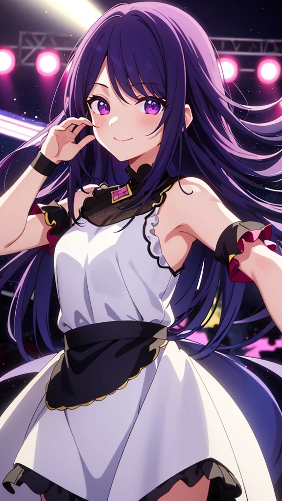 ​masterpiece、ighly detailed、top-quality、(1 girl in:1.2)、purple color  hair、pink  dress、big eye、a closeup、A smile、8K、Ai Hoshino、Live performance venue、Live Backgrounds、(((anime styled)))、