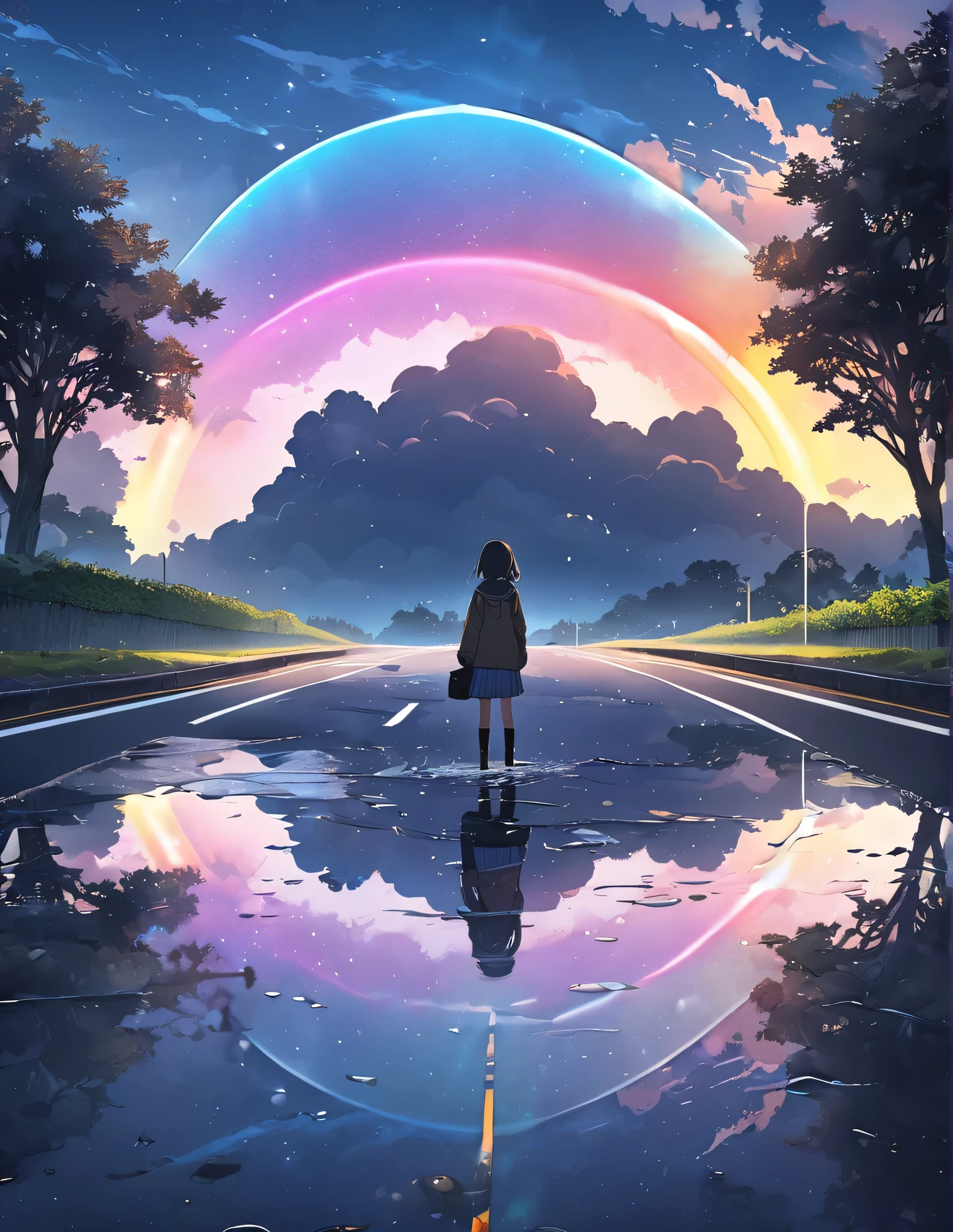 (Anime style:1.4),Soft touch,Rainbow Cloud,超high resolution, Attention to detail, high quality, high resolution, 最high quality, 4K, 8K,The road after the rain、night、Puddle and girl'Feet、Soft color effect