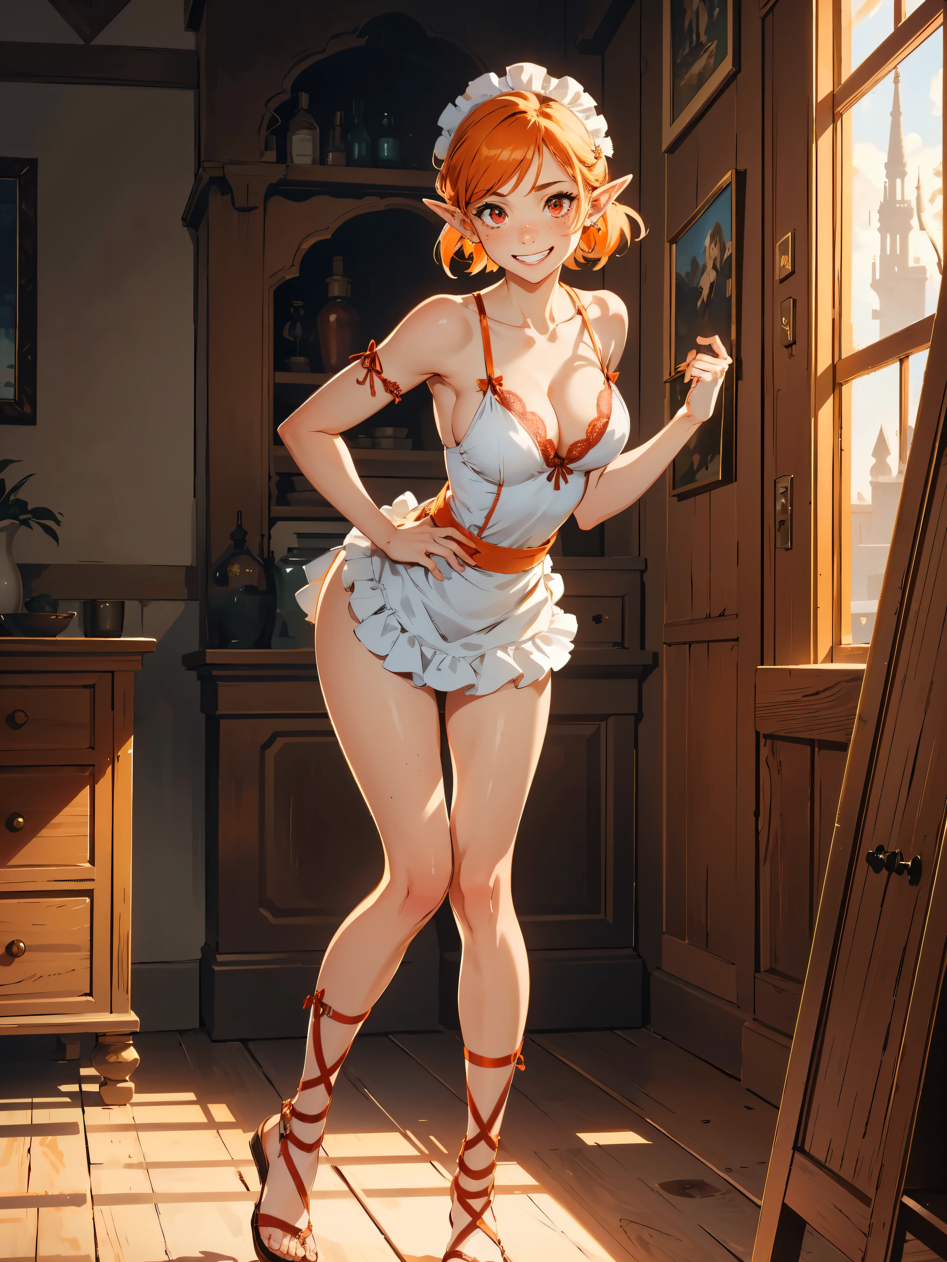 (masterpiece, high resolution,ultra - detailed:1.0),1 girl,Young and beautiful woman, ((freckles)), long elf ears, eyes looking away from camera, ((grinning)), Perfect female body, (full body), (medieval room), Extremely detailed CG,Unity 8k wallpaper，Complicated details, solo person, (red eyes), diamond shaped eyes, medium hair length, (orange hair), ((sexy red and white one_piece lingerie)), short maid apron, lace up knee length sandles, bare_shoulders, NSFW, diaphanous outfit, exposed breasts, cleavage, (cheering pose), happy, marble castle walls,(desert design),Portrait,color difference, Depth of field,dramatic light, Ray tracing, Best quality, Cinematic lighting, official art,