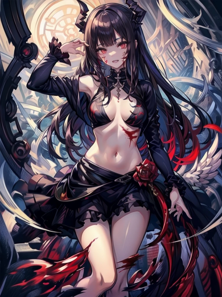 (Highest quality,4K,High resolution,masterpiece:1.2),Very detailed,Realistic:1.37,Spooky altar background,Dark fantasy,Red color scheme,Ominous atmosphere,Eye-catching,Storytelling,anatomy,Anime Style,Concept Art,beautiful細部までこだわった顔と (((Red eyes ))),Terrifying Ritual ,Satanic Ritual,Untimely Death,Unjust act,Crazy Smile,Scythe Face,Girl Monster, beautiful, Delicate facial features, Sharp Eye, Sharp Fangs, Pale skin, Thick chain, Dark Background, Cinema Lighting, Dramatic Shadows, Gothic style, Gloomy atmosphere, Dark fantasy, One Girl, , Please open your mouth wide, Open your mouth and baring your teeth,Sharp teeth like a beast, Wide lips, very wide mouth, Vermilion cheeks, ,(Blood splatter:1.4),Scary smile, laugh at,Fallen angel design, Twisted smile、Bloodstained、bleeding from the head,,、Blood splatter、,(Blood splatter:1.4),Crossbones, skull,Horror Style, ((Fantasy Fallen Angel Costume)), ((Flowing black hair)), ,(Blood splatter:1.4),Female curves, Sexy flat stomach, Perfect hands, Perfect anime face, ((White ta Dress)), Are standing, ((Wicked Smile)), ,(Blood splatter:1.4), Steam circulates, Moonlight Illumination, night lighting, disaster々new devil horns,,(Blood splatter:1.6),アニメFallen angel design, Twisted smile、Bloodstained、bleeding from the head,,、Blood splatter、,(Blood splatter:1.4),Crossbones, skull,Gothic architecture、Western architecture、Fantasy World、,Victorian cities, Skeleton Gaslight,