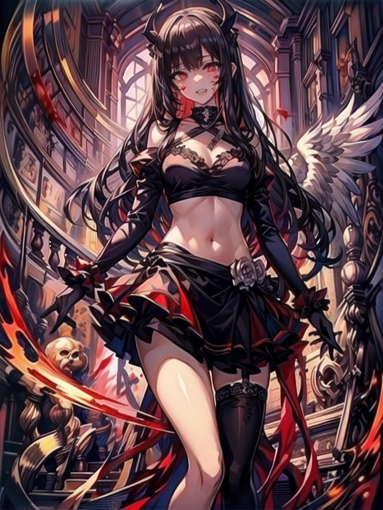 (Highest quality,4K,High resolution,masterpiece:1.2),Very detailed,Realistic:1.37,Spooky altar background,Dark fantasy,Red color scheme,Ominous atmosphere,Eye-catching,Storytelling,anatomy,Anime Style,Concept Art,beautiful細部までこだわった顔と (((Red eyes ))),Terrifying Ritual ,Satanic Ritual,Untimely Death,Unjust act,Crazy Smile,Scythe Face,Girl Monster, beautiful, Delicate facial features, Sharp Eye, Sharp Fangs, Pale skin, Thick chain, Dark Background, Cinema Lighting, Dramatic Shadows, Gothic style, Gloomy atmosphere, Dark fantasy, One Girl, , Please open your mouth wide, Open your mouth and baring your teeth,Sharp teeth like a beast, Wide lips, very wide mouth, Vermilion cheeks, ,(Blood splatter:1.4),Scary smile, laugh at,Fallen angel design, Twisted smile、Bloodstained、bleeding from the head,,、Blood splatter、,(Blood splatter:1.4),Crossbones, skull,Horror Style, ((Fantasy Fallen Angel Costume)), ((Flowing black hair)), ,(Blood splatter:1.4),Female curves, Sexy flat stomach, Perfect hands, Perfect anime face, ((White Lolita Dress)), Are standing, ((Wicked Smile)), ,(Blood splatter:1.4), Steam circulates, Moonlight Illumination, night lighting, disaster々new devil horns,,(Blood splatter:1.6),アニメFallen angel design, Twisted smile、Bloodstained、bleeding from the head,,、Blood splatter、,(Blood splatter:1.4),Crossbones, skull,Gothic architecture、Western architecture、Fantasy World、,Victorian cities, Skeleton Gaslight,