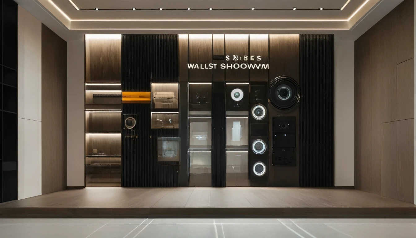 Sony A9iii,RAW photos,masterpiece, high quality, best quality, for real, Super Detail, Internal, indoors, (Light wood grain:1.3), Bright, (real:1.2),exhibition,Showroom,Company exhibition wall,Showroom入口主墙