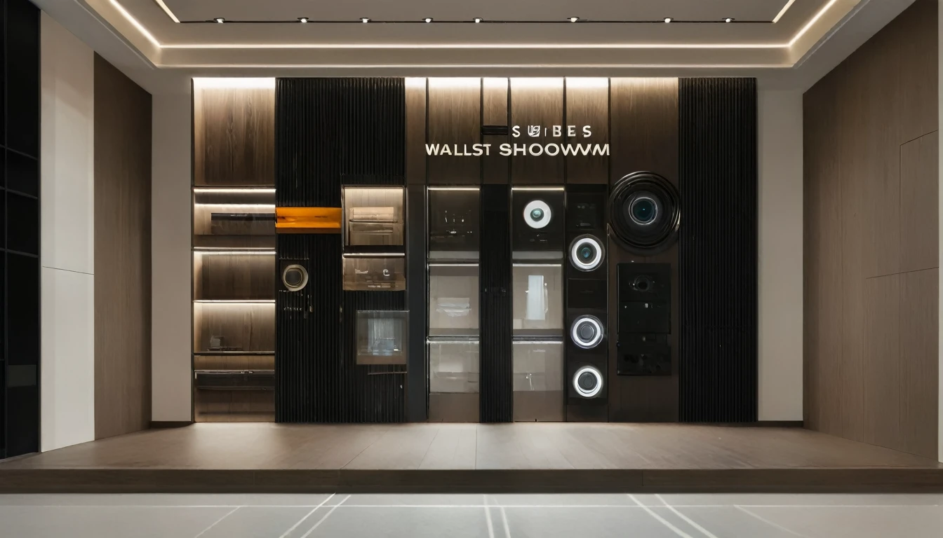 Sony A9iii,RAW photos,masterpiece, high quality, best quality, for real, Super Detail, Internal, indoors, (Light wood grain:1.3), Bright, (real:1.2),exhibition,Showroom,Company exhibition wall,Showroom入口主墙