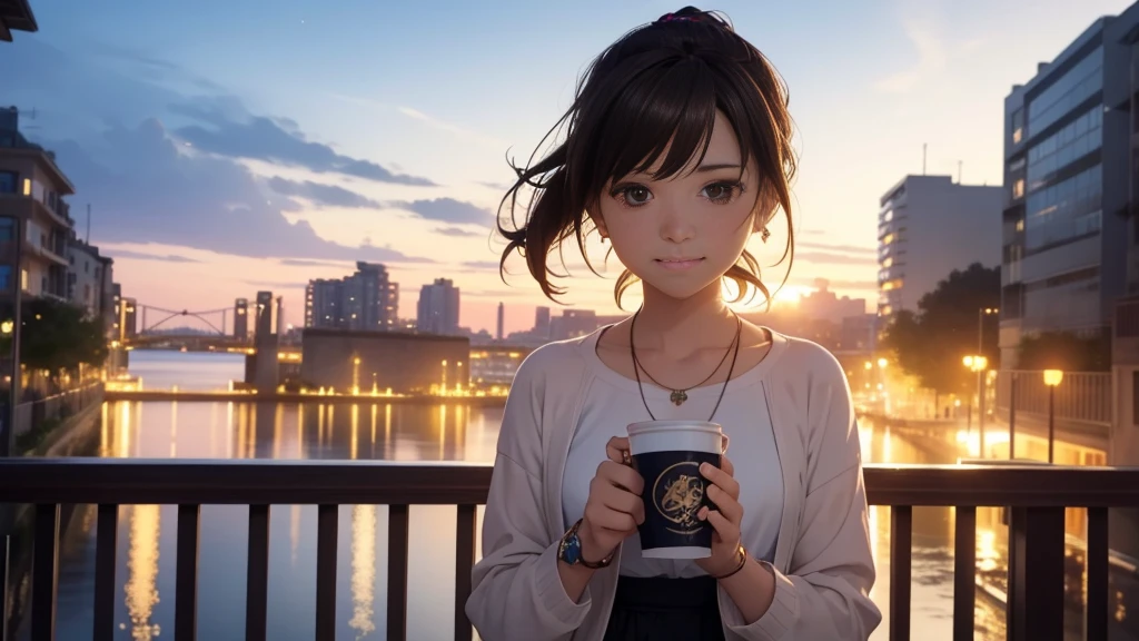 (Highest quality,4K,8k,High resolution,masterpiece:1.2),Very detailed,(Realistic,photoRealistic,photo-Realistic:1.37),夜のbackgroundに星空, looking out from the balcony. background, There are visible apartment buildings. The protagonist has a chignon hairstyle or light brown hair. Characters on the jacket, Long sleeve tops, Earrings, bracelet, And wearing a watch. holding a coffee cup. Draw a theme for your character.whole bodyが写る、A shy smile、Through clenched teeth、Through clenched teeth、lip、cheek、cheek(Flat Color: 0.8)、(masterpiece: 1,2)、(masterpiece: 1,2)、High resolution、超High resolution、Highest quality、High resolution、Ultra-thin illustration、Makoto Shinkai style、Your name is style、Short Bob、necklace、Earrings、Dynamic pose、Selfie、whole body、Brown Hair、Braiding、、ponytail・、necklace、Valletta、ribbon、Earringanicure、Selfie。
