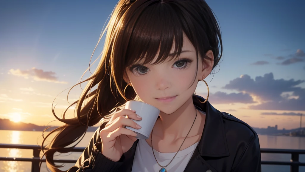 (Highest quality,4K,8k,High resolution,masterpiece:1.2),Very detailed,(Realistic,photoRealistic,photo-Realistic:1.37),夜のbackgroundに星空, looking out from the balcony. background, There are visible apartment buildings. The protagonist has a chignon hairstyle or light brown hair. Characters on the jacket, Long sleeve tops, Earrings, bracelet, And wearing a watch. holding a coffee cup. Draw a theme for your character.whole bodyが写る、A shy smile、Through clenched teeth、Through clenched teeth、lip、cheek、cheek(Flat Color: 0.8)、(masterpiece: 1,2)、(masterpiece: 1,2)、High resolution、超High resolution、Highest quality、High resolution、Ultra-thin illustration、Makoto Shinkai style、Your name is style、Short Bob、necklace、Earrings、Dynamic pose、Selfie、whole body、Brown Hair、Braiding、、ponytail･、necklace、Valletta、ribbon、Earringanicure、Selfie。