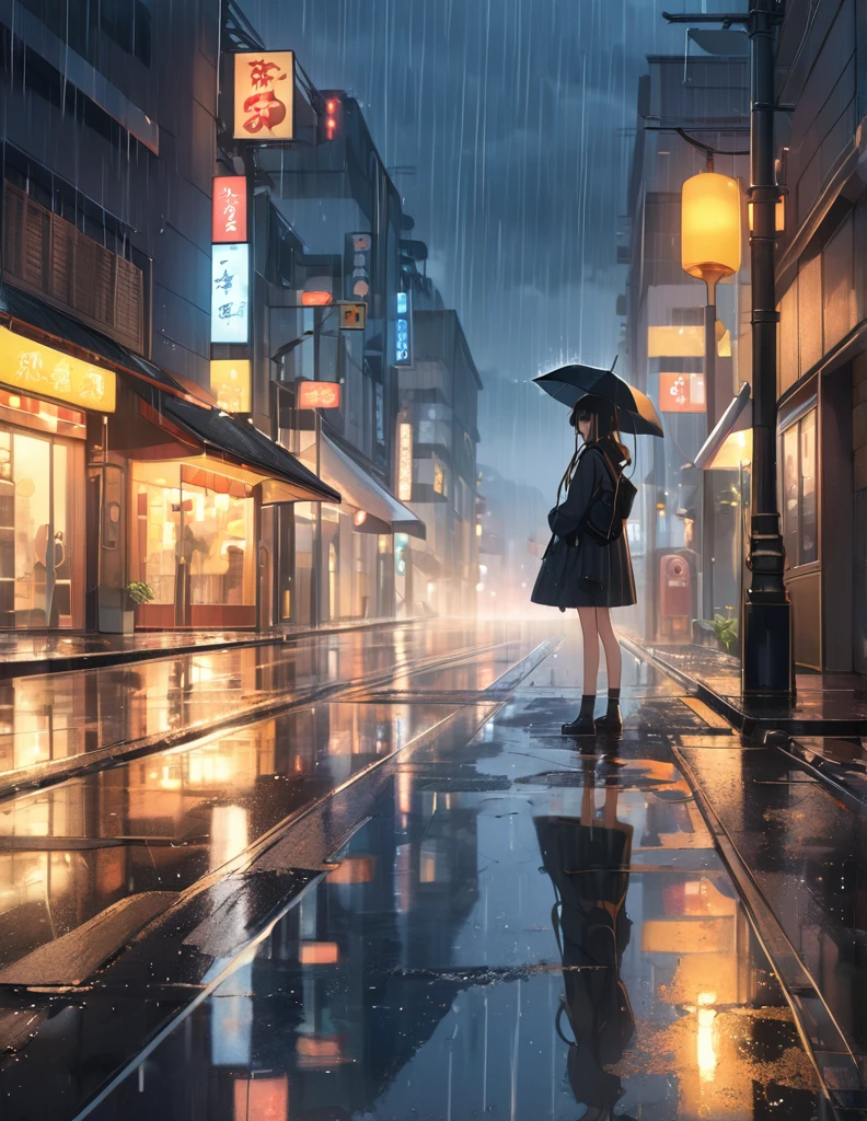 (Anime Style:1.4),A soft touch to painting,downpour,超High resolution, Attention to detail, high quality, High resolution, 最high quality, 4K, 8k,Road after the rain、evening、Puddle and girl&#39;s feet、Pastel color effect