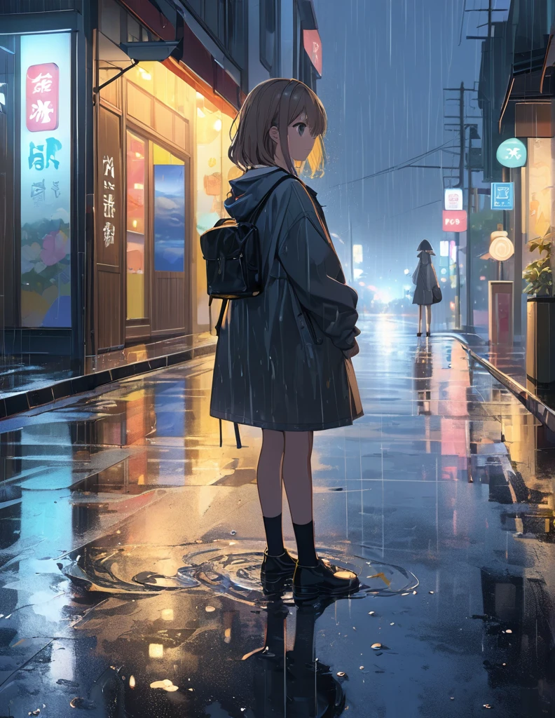 (Anime Style:1.4),A soft touch to painting,downpour,超High resolution, Attention to detail, high quality, High resolution, 最high quality, 4K, 8k,Road after the rain、evening、Puddle and girl's feet、Pastel color effect