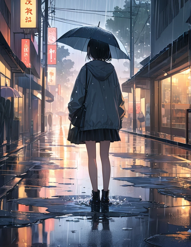 (Anime Style:1.4),A soft touch to painting,downpour,超High resolution, Attention to detail, high quality, High resolution, 最high quality, 4K, 8k,Road after the rain、evening、Puddle and girl&#39;s feet、Pastel color effect