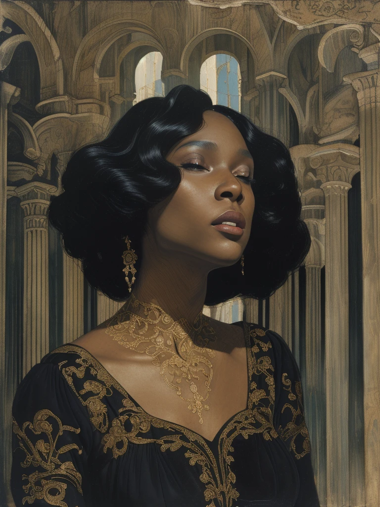 A beautiful ebony woman in regal dress looking over her shoulder, ebony skin, tanned skin, solo, (best quality, masterpiece:1.2), attractive woman, perfect body, curvy girl, hyperfeminine, cute and playful, renaissance painting, emotive expression, upper body, anatomically correct proportions, highly detailed, masterpiece, light smile, hyper realistic, depth of field, light and shade contrast, 8K, super detailing, Precise, Best quality, HD, high resolution