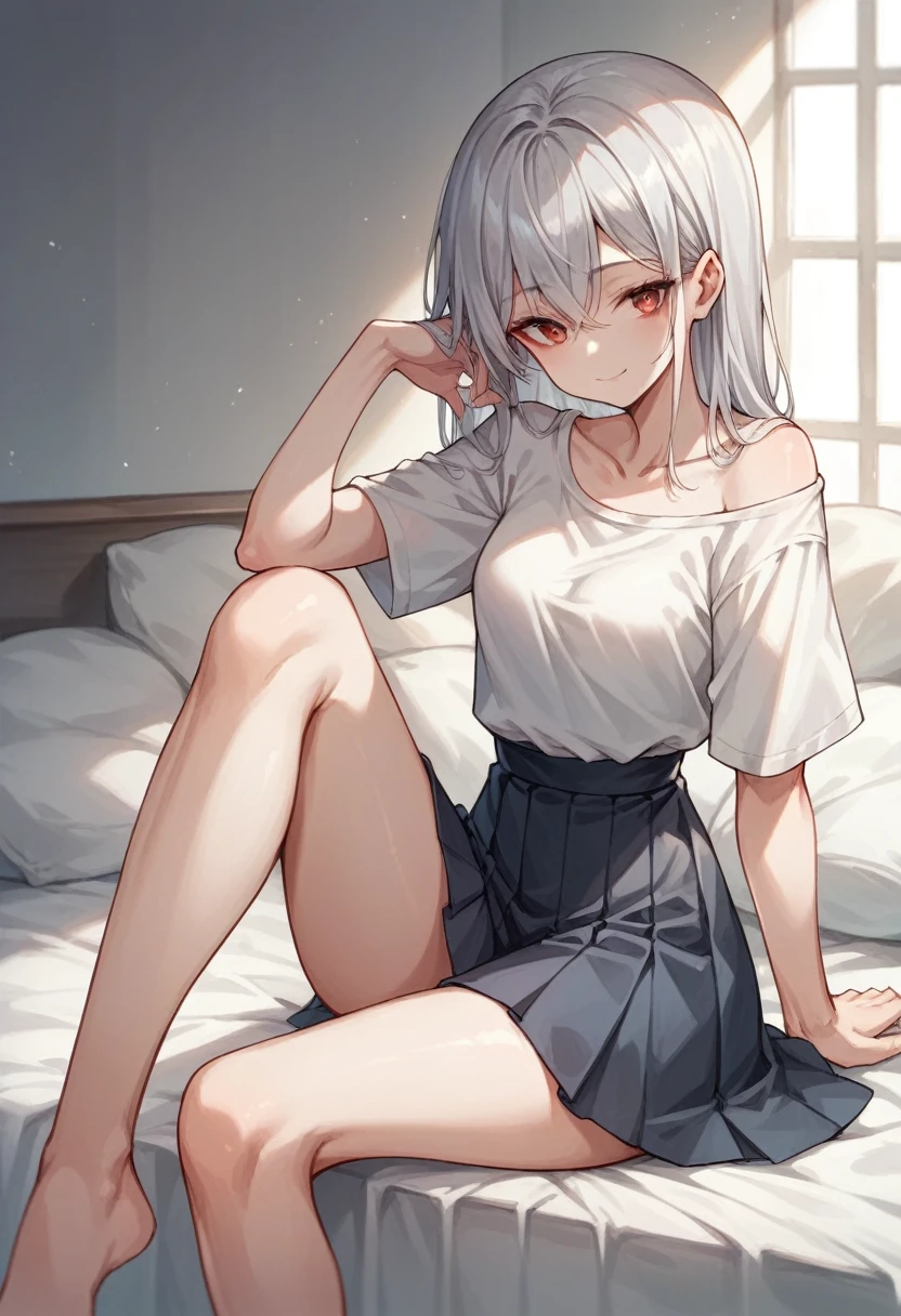 Girl sitting on bed(The girl has long silver hair Shoulder length She is wearing a white shirt and a black pleated skirt White skin tall With bangs Beautiful face Thin legs Small waist, slightly large chest Smiling Silver Hair Anime Style )