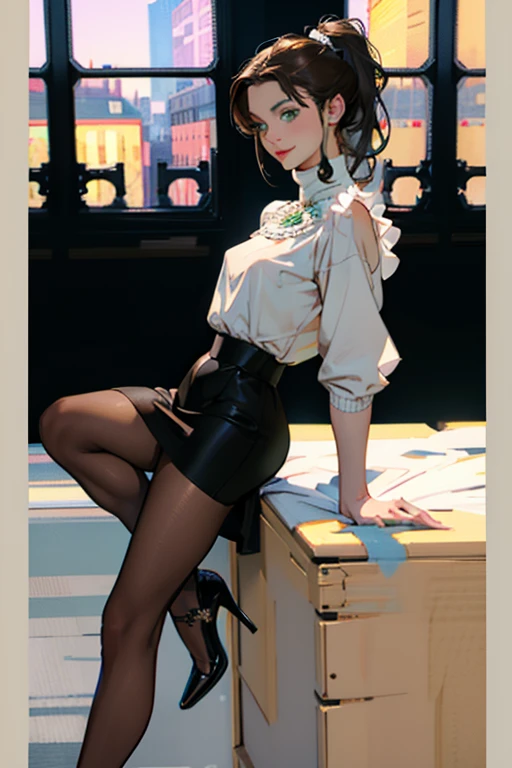 office、Beauty sitting on a chair、short hair、Beautiful legs、High heels、Brown pantyhose、Mini skirt suit