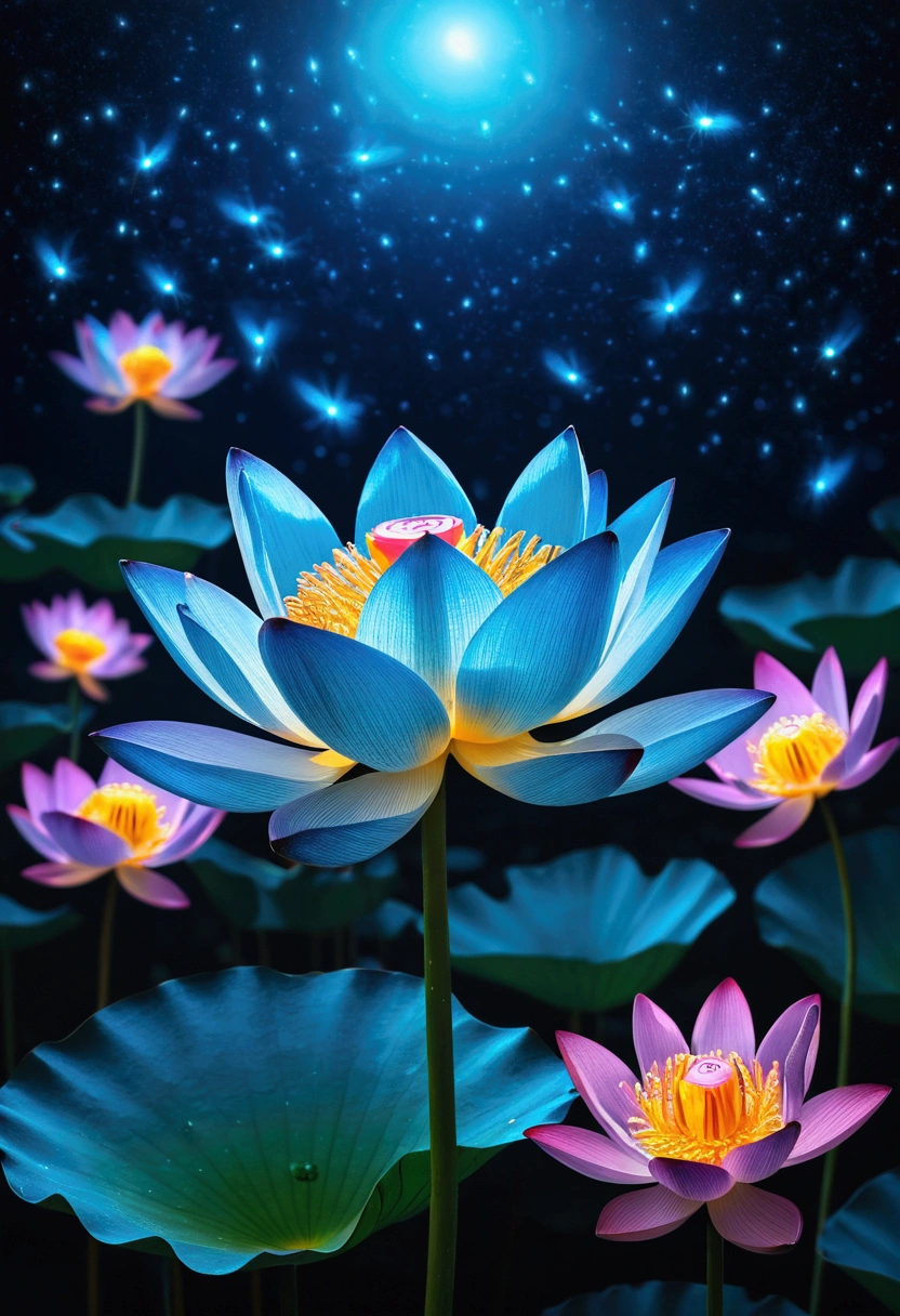 Glowing sky blue colored lotus surrounded by glowing colorful dots