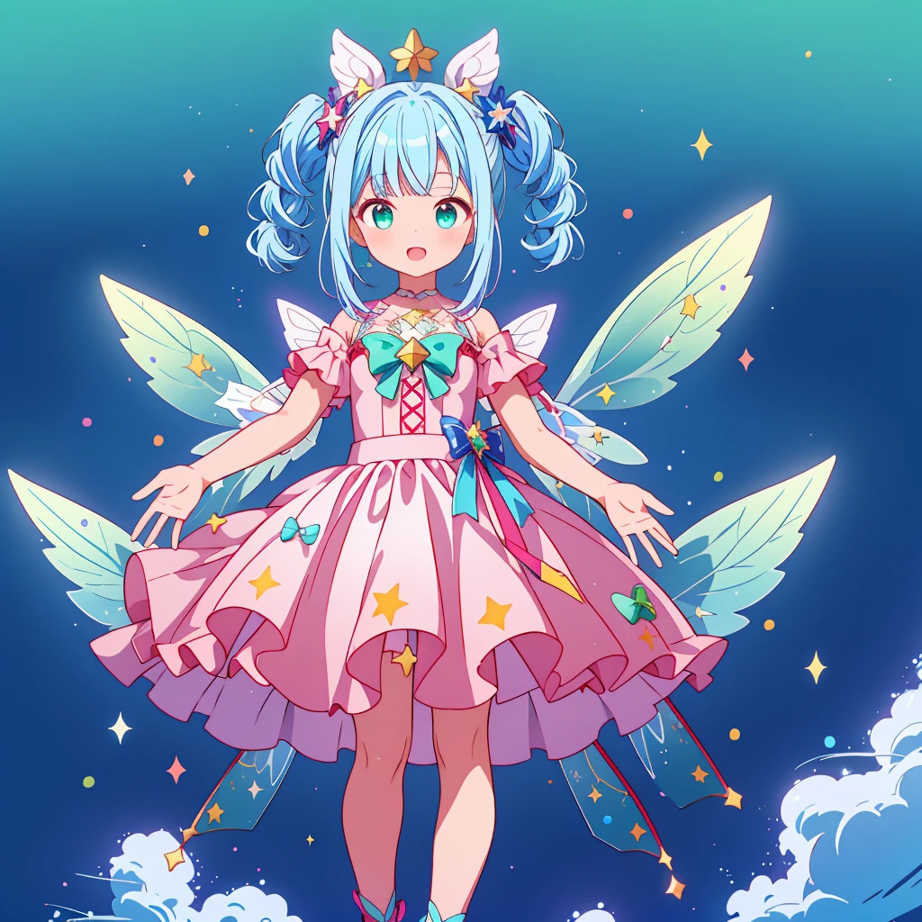 1girl,(((Highest quality、Masterpiece、Official Art、The best dynamic composition、Super detailed)))、Anime Style、Perfect skeleton、kawaii tech, cupid tech,Star Fairy、Giant cute magic wand、pastel colour、