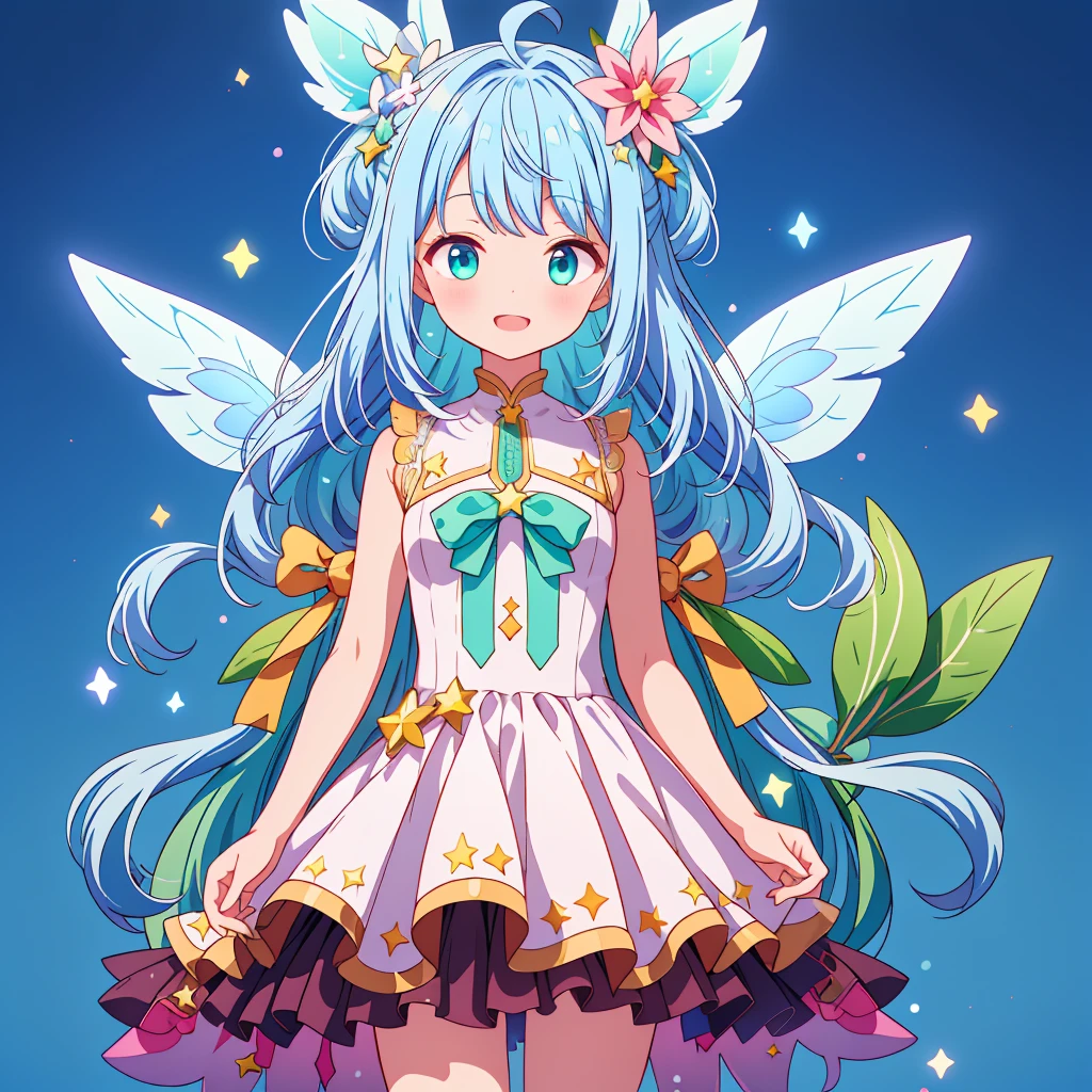 1girginal and unique cute hairstyle、Star Fairy、Star incarnation、Character design front view、A picture facing the viewer、(((Super detailed、Highest quality、Masterpiece)))、Original cute hairstyle、Milky white and blue hair color、Simple Green Background、vtuber-fullbody,