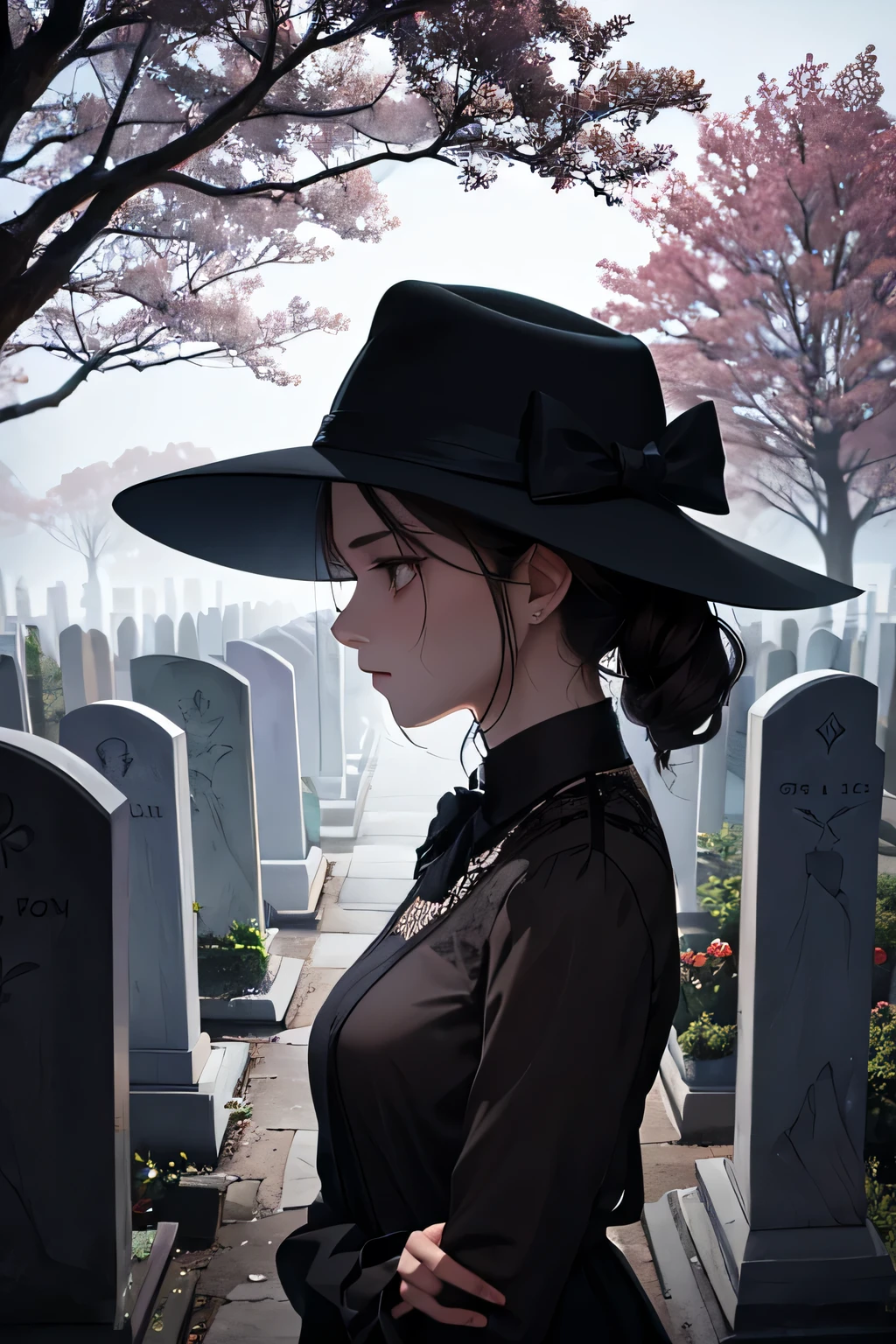 In a dark and gloomy night, a young brunette woman of stunning beauty stands near an old cemetery, gazing in profile at a gravestone. Her light brown eyes with a hint of melancholy under the faint moonlight. She wears a black Fedora hat that adds an air of mystery to her figure. Her face is framed by her dark hair, and her full lips are slightly parted, revealing a deep sadness. The woman stands beside a grave and an old marble headstone, indicating it is her late mother's grave. The environment is dark and eerie, with bare trees and twisted branches reaching towards the night sky. A slight mist covers the ground, and the silence of the place is broken only by the whisper of the wind. The atmosphere is mysterious and evocative, reflecting the sorrow and longing in the woman's profile as she gazes at the tombstone.