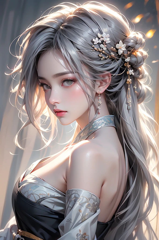 ((Picture from the waist up:1.3))super high quality, masterpiece, Perfect illustration, Very detailed (Exquisite light and shadow, Very dramatic photo,Backlight) , ((Gray Hair:1.5))1 Girl,(( alone:1.6)), (Wearing Han clothes, Black Hanfu,Monotony,Long sleeve、Gorgeous costumes、Highly decorated Hanfu) Flower Field, Flowers, (White smoke:1.3) (Realistic:1.4), Zen Intertwining, Tangled, Official Art, unity 8k wallpaper, Very detailed, Beautiful and beautiful, masterpiece, Highest quality, (Dynamic Angle: 1.4), Glowing Skin, (Floating colorful flashes: 1) The most beautiful chaotic shapes, elegant, Brutalist Design, Bright colors, Romantic Depth of Field Exotic_dance, half_naked、Expose your shoulders、Ample breasts、Great cleavage、Dynamic pose、Backlight,((from back side))