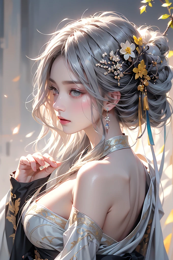 ((Picture from the waist up:1.3))super high quality, masterpiece, Perfect illustration, Very detailed (Exquisite light and shadow, Very dramatic photo,Backlight) , ((Gray Hair:1.5))1 Girl,(( alone:1.6)), (Wearing Han clothes, Black Hanfu,Monotony,Long sleeve、Gorgeous costumes、Highly decorated Hanfu) Flower Field, Flowers, (White smoke:1.3) (Realistic:1.4), Zen Intertwining, Tangled, Official Art, unity 8k wallpaper, Very detailed, Beautiful and beautiful, masterpiece, Highest quality, (Dynamic Angle: 1.4), Glowing Skin, (Floating colorful flashes: 1) The most beautiful chaotic shapes, elegant, Brutalist Design, Bright colors, Romantic Depth of Field Exotic_dance, half_naked、Expose your shoulders、Ample breasts、Great cleavage、Dynamic pose、Backlight,((from back side))