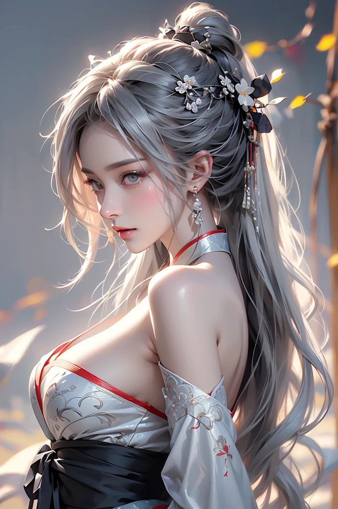 ((Picture from the waist up:1.3))super high quality, masterpiece, Perfect illustration, Very detailed (Exquisite light and shadow, Very dramatic photo,Backlight) , ((Gray Hair:1.5))1 Girl,(( alone:1.6)), (Wearing Han clothes, Black Hanfu,Monotony,Long sleeve、Gorgeous costumes、Highly decorated Hanfu) Flower Field, Flowers, (White smoke:1.3) (Realistic:1.4), Zen Intertwining, Tangled, Official Art, unity 8k wallpaper, Very detailed, Beautiful and beautiful, masterpiece, Highest quality, (Dynamic Angle: 1.4), Glowing Skin, (Floating colorful flashes: 1) The most beautiful chaotic shapes, elegant, Brutalist Design, Bright colors, Romantic Depth of Field Exotic_dance, half_naked、Expose your shoulders、Ample breasts、Great cleavage、Dynamic pose、Backlight,((from back side))
