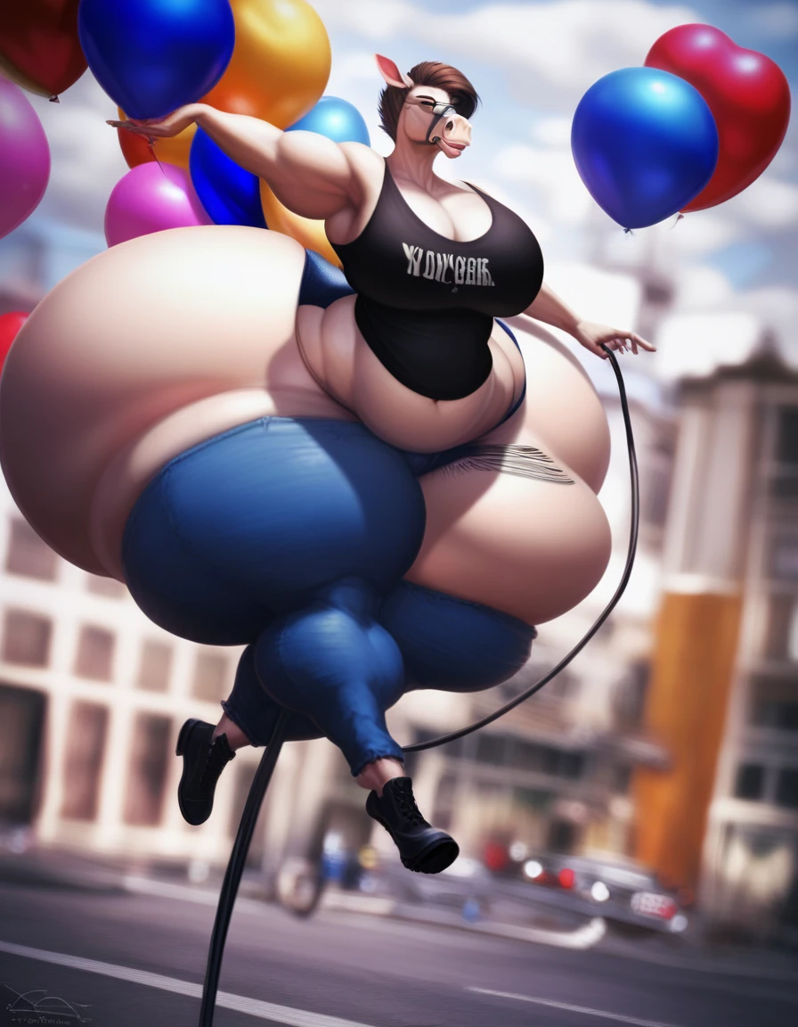 male, anthro horse, (photorealistic:1.2), inflating, tank top, fully clothed, hyper hips, hyper thighs, furry, fursona, manly, masculine, vlog, vlogger, hose in butt, blimphips, blimpthighs, floating, aroused