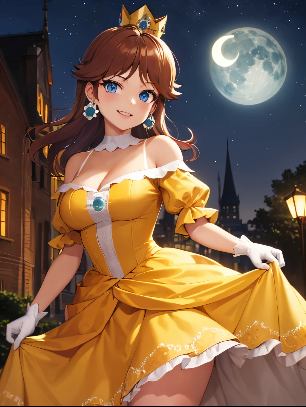 ((best quality)), ((highly detailed)), masterpiece, absurdres, (detailed eyes, deep eyes), (1girl), cowboy shot, standing, princess daisy, brown hair, medium hair, blue eyes, crown, earrings, medium breasts, smiling, (yellow dress), white gloves, (night, night sky, stars, half moon), off shoulder dress, cleavage, tan skin