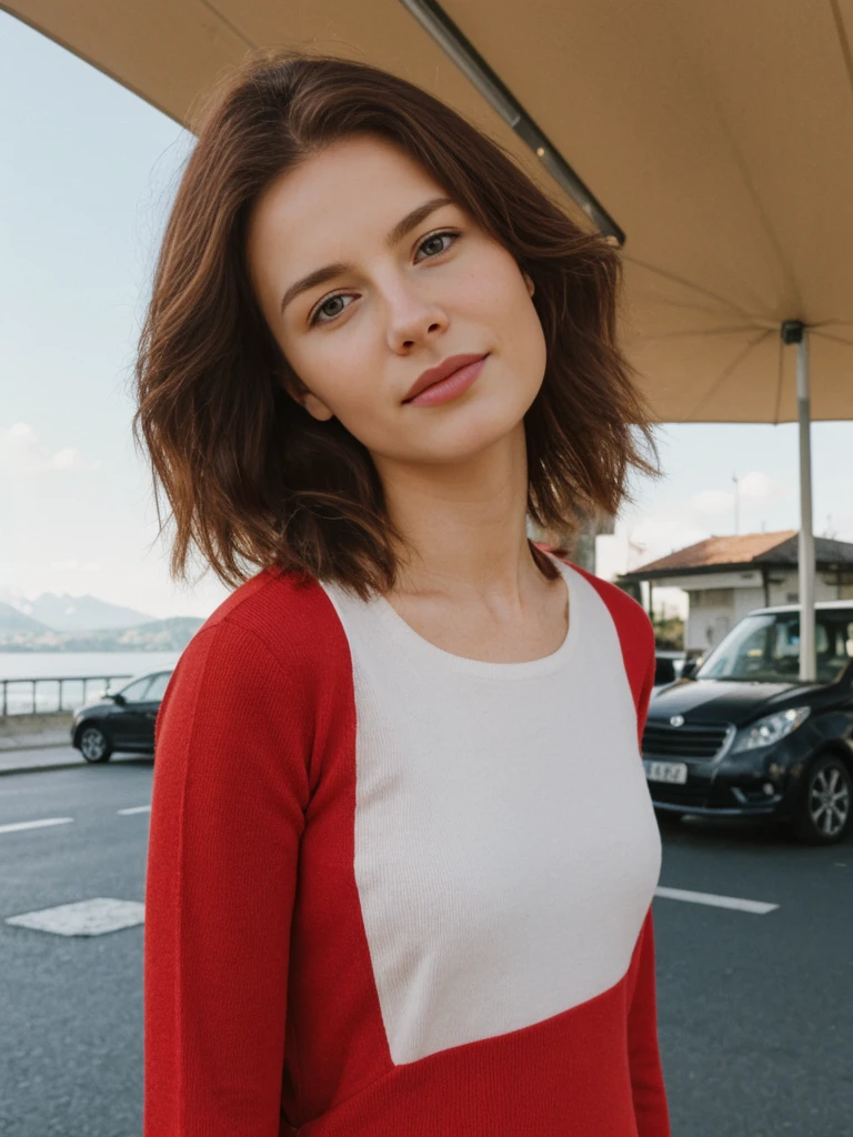 Emily Richardson, 1girl, solo, (((consistent face and image))), ((20 years old)), realistic, photorealistic, (red cranky hair), short hair, (((Caucasian mature woman))), (Swiss woman), (Swiss nose), (Swiss thick lips), posing outside the Iconic landmark, perfect for classic Parisian backgrounds, upper body and upper legs, smirking, standing, wearing In style in trend Generation-Z modern wear different colored,
