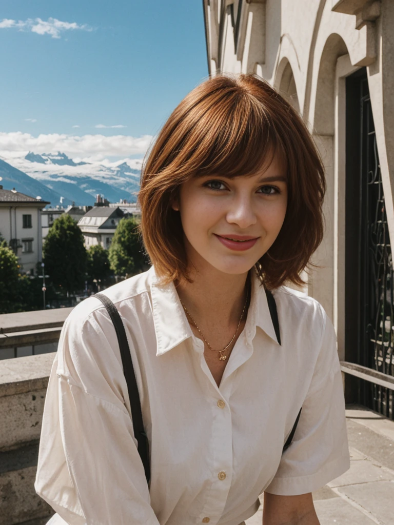 Emily Richardson, 1girl, solo, (((consistent face and image))), ((20 years old)), realistic, photorealistic, (red cranky hair), short hair, (((Caucasian mature woman))), (Swiss woman), (Swiss nose), (Swiss thick lips), posing outside the Iconic landmark, perfect for classic Parisian backgrounds, upper body and upper legs, smirking, standing, wearing In style in trend Generation-Z modern wear different colored,