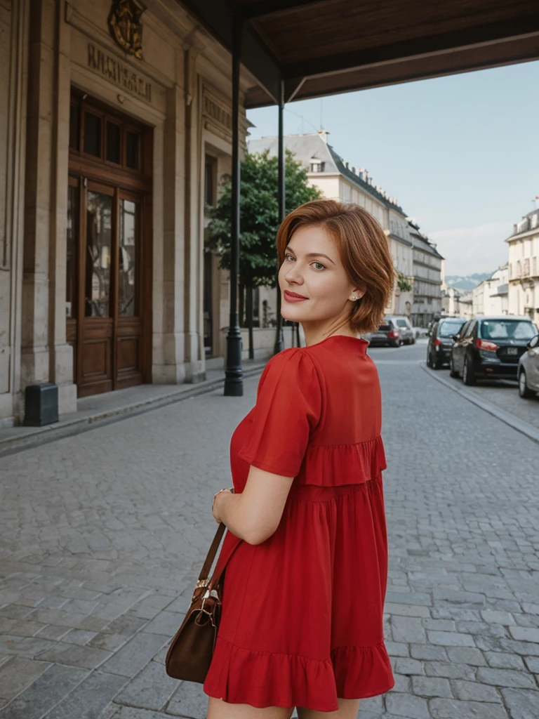 Emily Richardson, 1girl, solo, (((consistent face and image))), ((20 years old)), realistic, photorealistic, (red cranky hair), short hair, (((Caucasian mature woman))), (Swiss woman), (Swiss nose), (Swiss thick lips), posing outside the Iconic landmark, perfect for classic Parisian backgrounds, upper body and upper legs, smirking, standing, wearing In style in trend Generation-Z modern wear different colored,