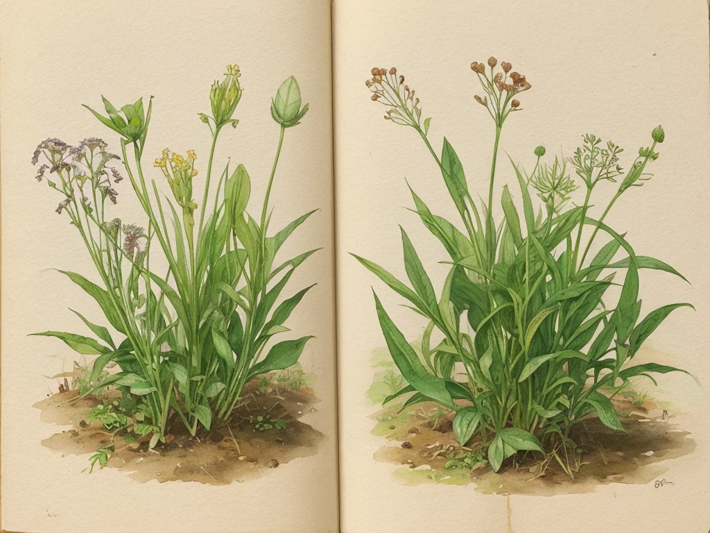 The poor times at the time of development、After desperately praying, I finally found a plant that had sprouted in the field.、
Illustration of a peering at a sprouted plant。
The illustrations are done in watercolors.、Faded Japanese paper
