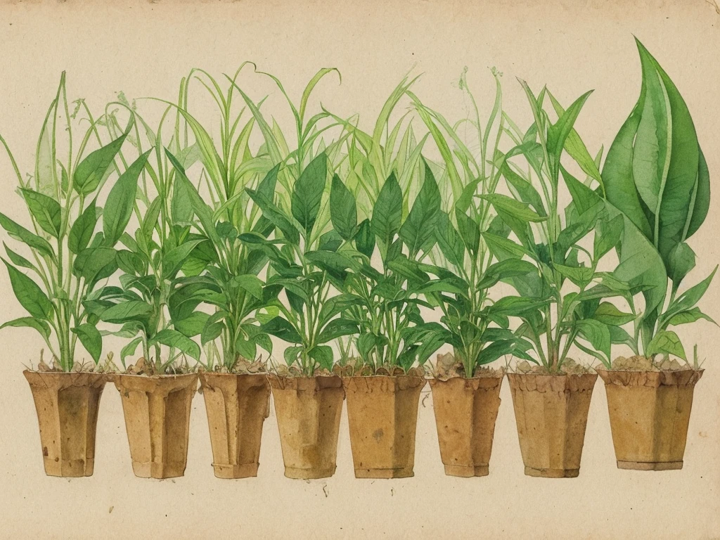 The poor times at the time of development、After desperately praying, I finally found a plant that had sprouted in the field.、
Illustration of a peering at a sprouted plant。
The illustrations are done in watercolors.、Faded Japanese paper