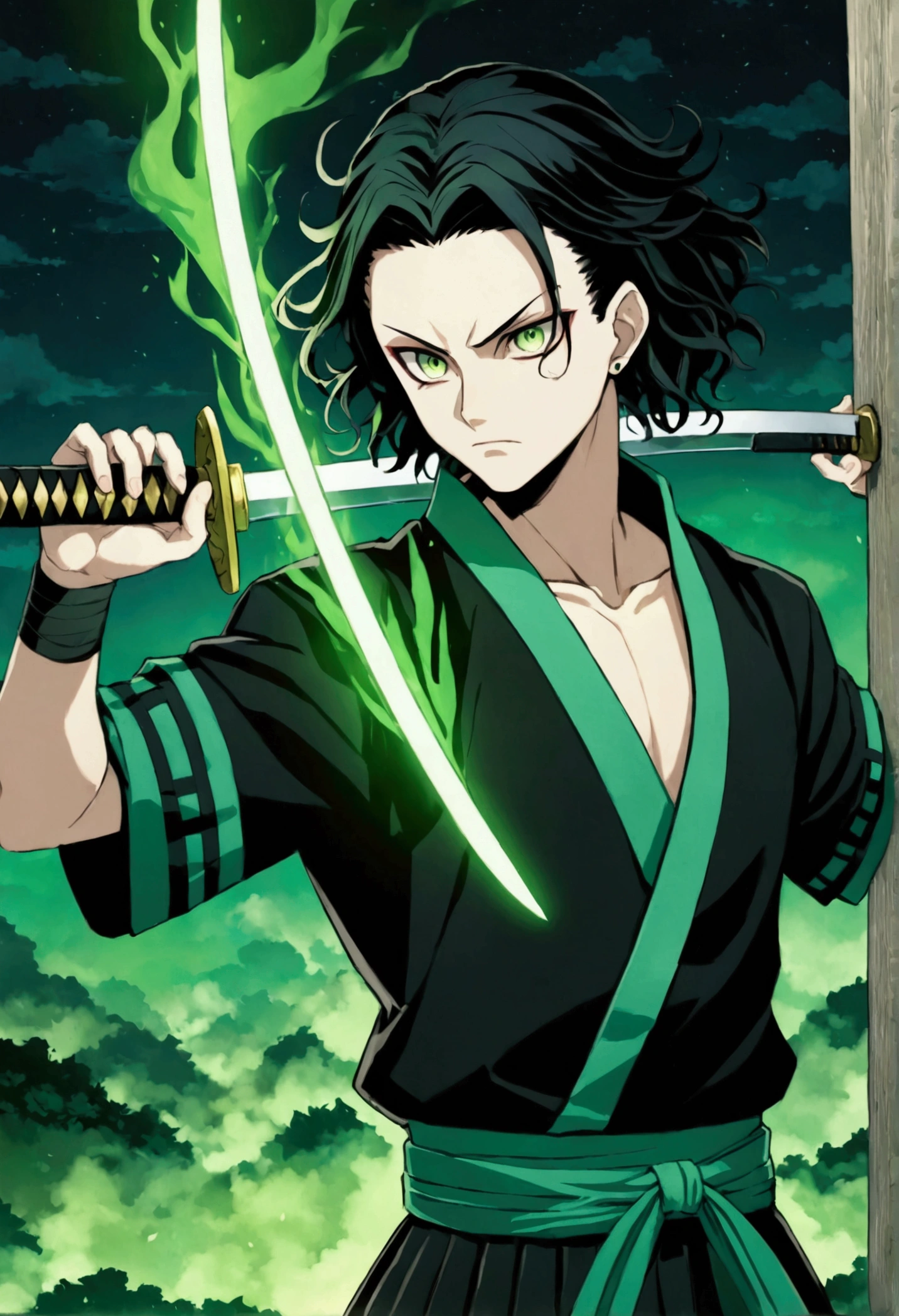One Guy, Kimetsu no Yaiba, katana, toxic breathing style, black clothes, lime green eyes, sword slash, green sword aura, night backround, fixed arms, detailed arms and katana, human version, toxic aura swing, black hair with green fade, masterpeace.