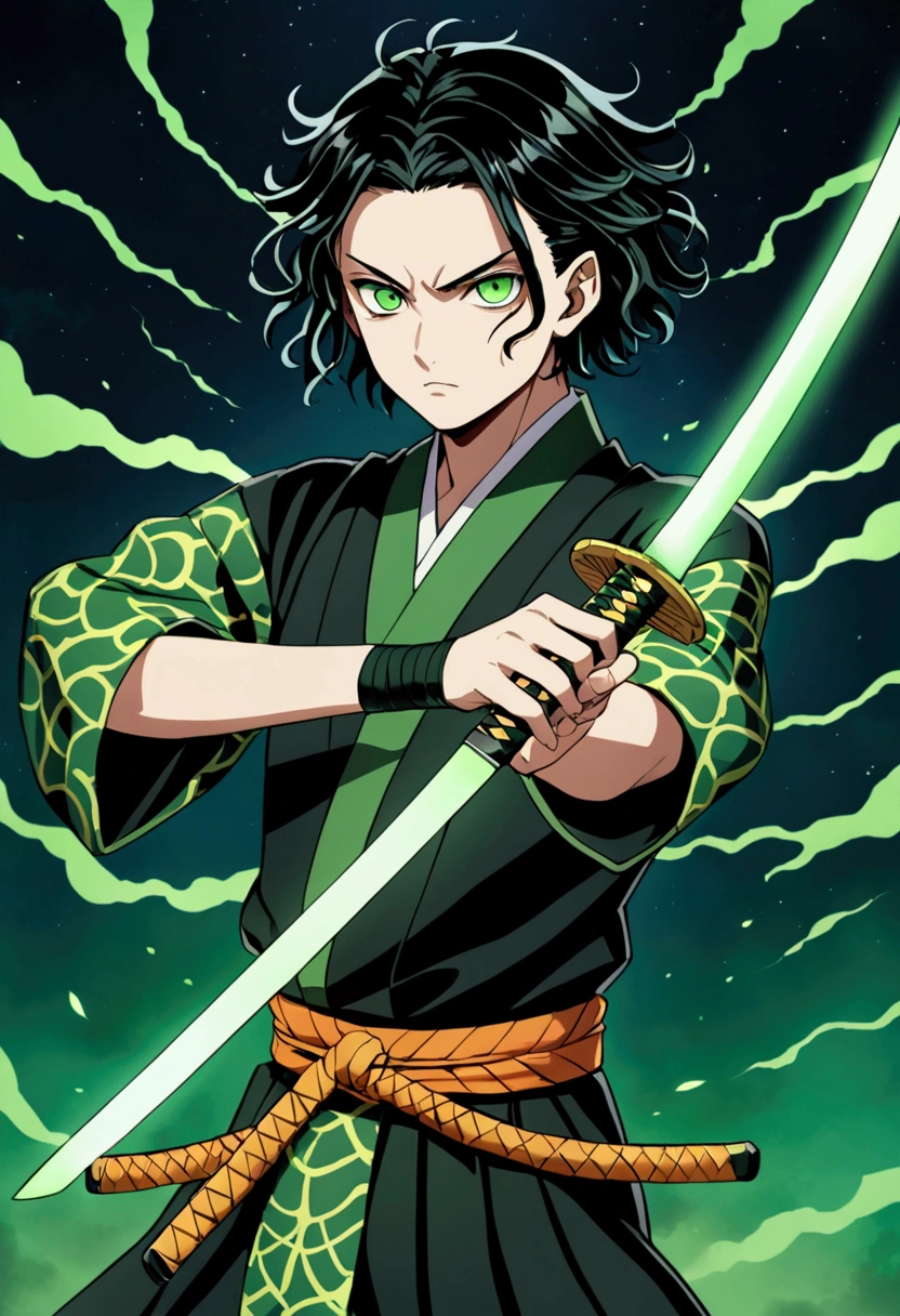 One Guy, Kimetsu no Yaiba, katana, toxic breathing style, black clothes, lime green eyes, sword slash, green sword aura, night backround, fixed arms, detailed arms and katana, human version, toxic aura swing, black hair with green fade, masterpeace.
