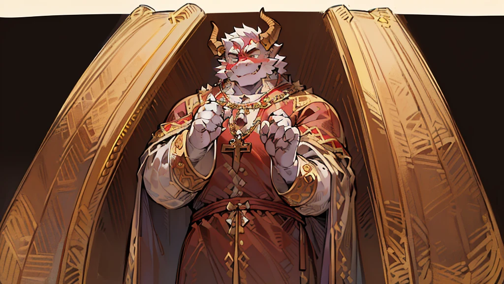 human nature, cannon, male, solitary, ((the strong,Handsome)), (dragon),((Traditional Catholic Pope outfit,Western dragon dragon horn)), standing,((Traditional Catholic style)),Hand in hand cross,high quality, (4K,high quality, high resolution, masterpiece), Front view (close up), cartoon,by lindong, fat