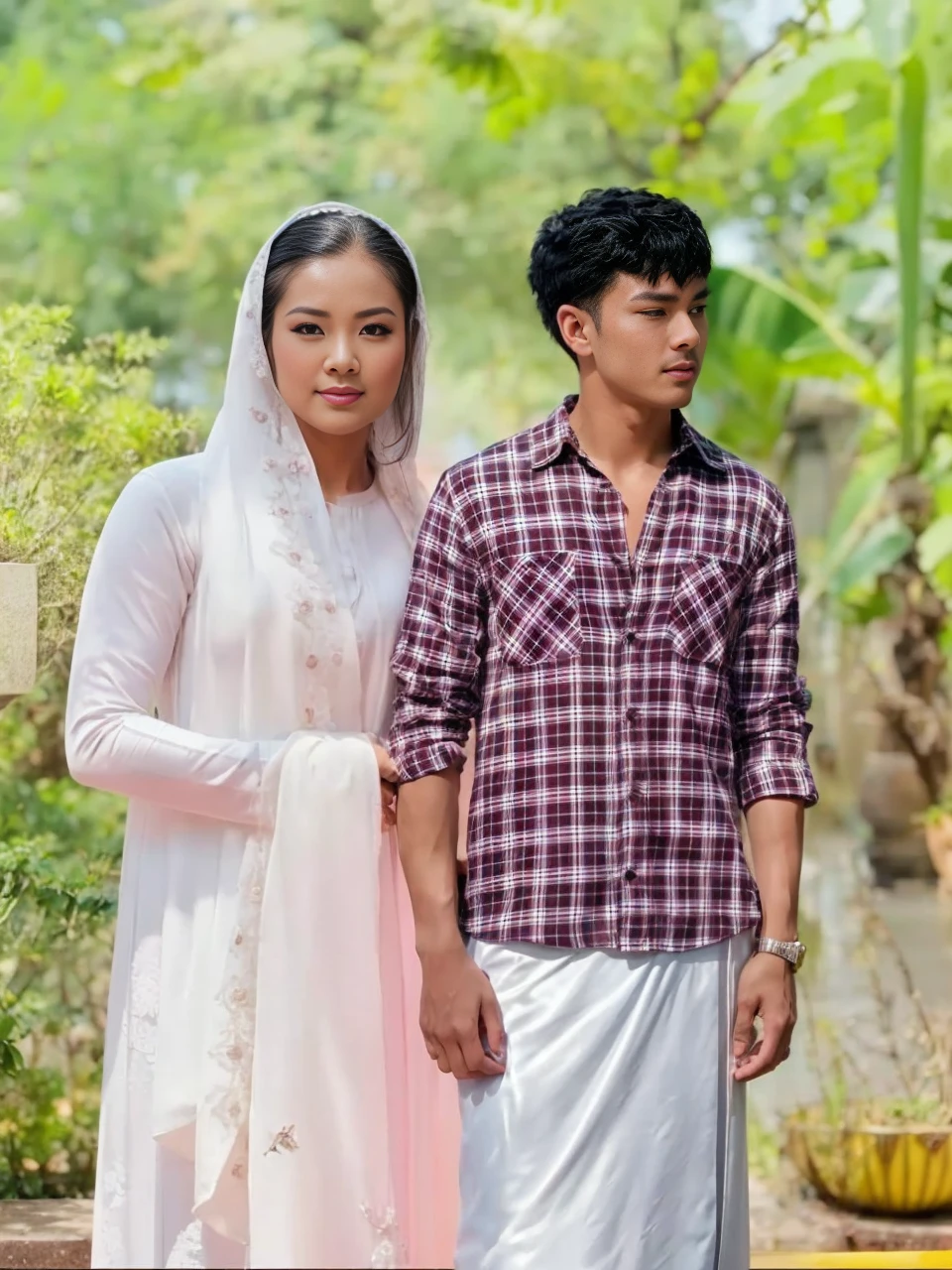 Full body shot, muscular asian man wearing black shirt, tacked in, khaki pants, belt, and pantofel shoes, tall asian woman wearing white hijab, no hair seen, pastel abaya dress, heels, and purse, detailed face features, couple, standing straight, romantic pose, garden background, sunny lighting, facing to the camera