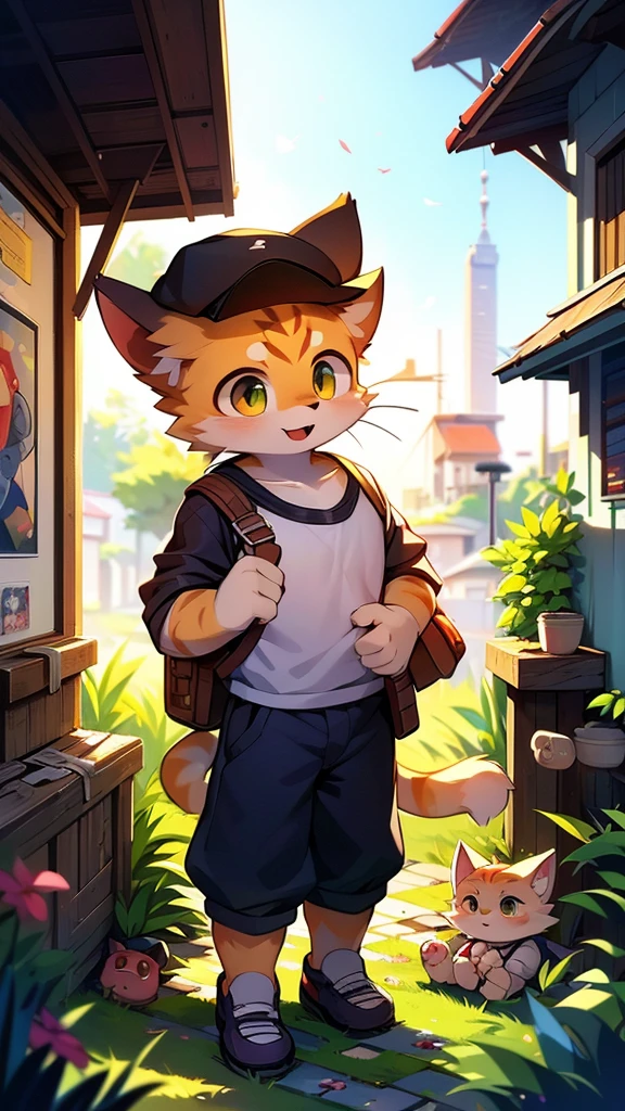 A cartoon style painting,The picture shows a kitten wearing a hat and carrying a school bag,Stand on the doorstep,His cat dad and mom greeted him with open arms,Wearing stylish fursona, Cat boy, Cute cat, Anthropomorphic cats, Hot topics on artstation pixiv, Full body high-grade white, High-quality anime art style, High resolution cargo, Anthropomorphic cats, High Quality Fan Art, Anthropomorphic cyberpunk kitten:tall and big,