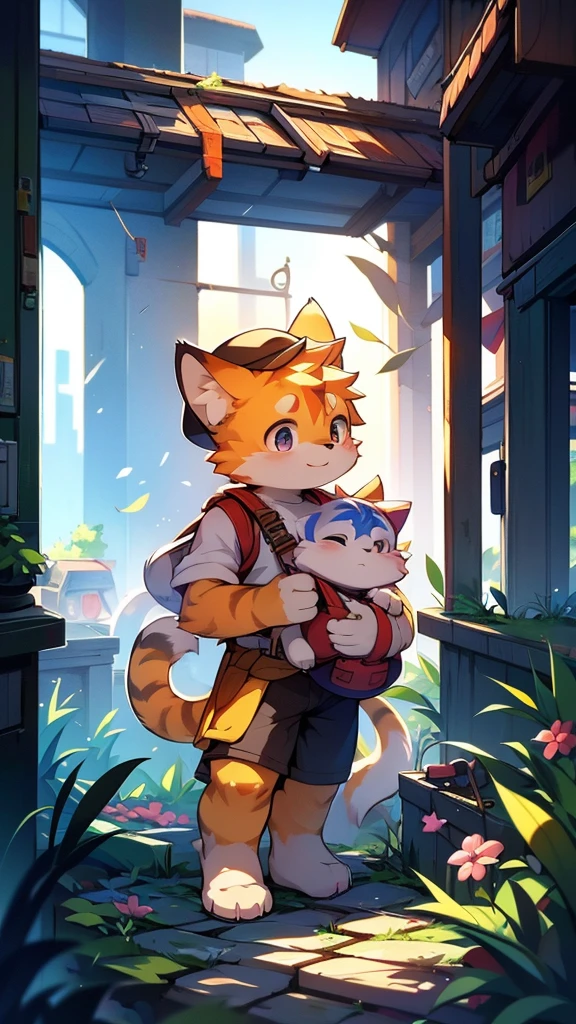A cartoon style painting,The picture shows a kitten wearing a hat and carrying a school bag,Stand on the doorstep,His cat dad and mom greeted him with open arms,Wearing stylish fursona, Cat boy, Cute cat, Anthropomorphic cats, Hot topics on artstation pixiv, Full body high-grade white, High-quality anime art style, High resolution cargo, Anthropomorphic cats, High Quality Fan Art, Anthropomorphic cyberpunk kitten:tall and big,