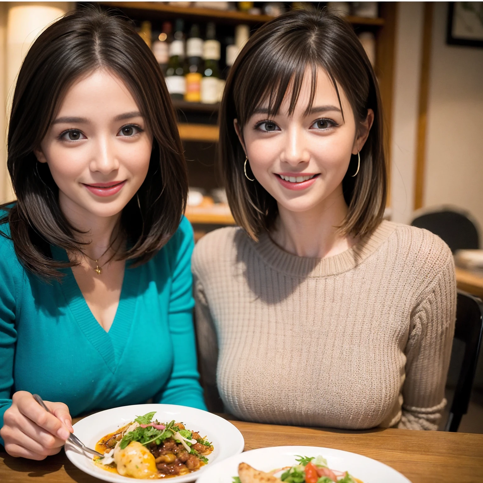 (Realistic:1.1),(masterpiece,Highest quality),8k,(37 years old), 42 years old, slimカップル、Model Couple、Actress/Actor、Tight waist,Upper Body,full-course dinner、wine 、Amazing view of the sunset sky and clouds、Perfect Anatomy, Brown Hair, Short Hair,Random Hairstyles,((Highly detailed face and eyes:1.2))(cute顔:1.4),Beautiful actress face,Perfect golden ratio face,Long sleeve shirt、dress,(smile:1.2)、Shortcuts、cute、(Realistic, Intricate details:1.2), A bright smile、short hair,Bright Face、赤wine 、Appetizers、Italian food、wine bottle、Champagne、スパークリングwine、(slimな顔), (The body is slim), (Brown Hair), (Shortcuts), Upper Body, 白wine, slim, wineグラス,