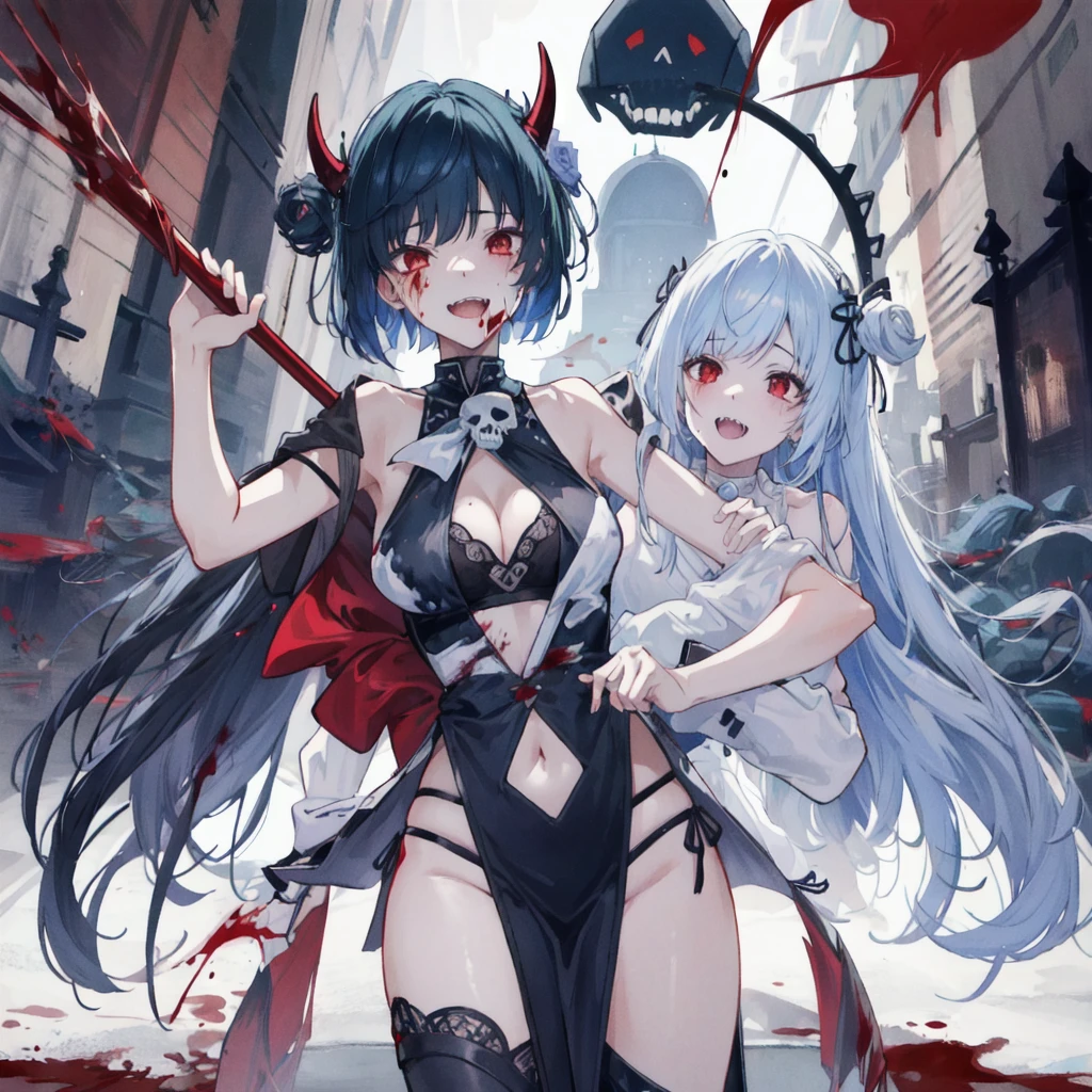 (Highest quality,4K,High resolution,masterpiece:1.2),Very detailed,Realistic:1.37,Spooky altar background,Dark fantasy,Red color scheme,Ominous atmosphere,Eye-catching,Storytelling,anatomy,Anime Style,Concept Art,beautiful細部までこだわった顔と (((Red eyes ))),Terrifying Ritual ,Satanic Ritual,Untimely Death,Unjust act,Crazy Smile,Scythe Face,Girl Monster, beautiful, Delicate facial features, Sharp Eye, Sharp Fangs, Pale skin, Thick chain, Dark Background, Cinema Lighting, Dramatic Shadows, Gothic style, Gloomy atmosphere, Dark fantasy, One Girl, , Please open your mouth wide, Open your mouth and baring your teeth,Sharp teeth like a beast, Wide lips, very wide mouth, Vermilion cheeks, ,(Blood splatter:1.4),Scary smile, laugh at,Fallen angel design, Twisted smile、Bloodstained、bleeding from the head,,、Blood splatter、,(Blood splatter:1.4),Crossbones, skull,Horror Style, ((Fantasy Fallen Angel Costume)), ((Flowing black hair)), ,(Blood splatter:1.4),Female curves, Sexy flat stomach, Perfect hands, Perfect anime face, ((White ta Dress)), Are standing, ((Wicked Smile)), ,(Blood splatter:1.4), Steam circulates, Moonlight Illumination, night lighting, disaster々new devil horns,,(Blood splatter:1.6),アニメFallen angel design, Twisted smile、Bloodstained、bleeding from the head,,、Blood splatter、,(Blood splatter:1.4),Crossbones, skull,Gothic architecture、Western architecture、Fantasy World、,Victorian cities, Skeleton Gaslight,