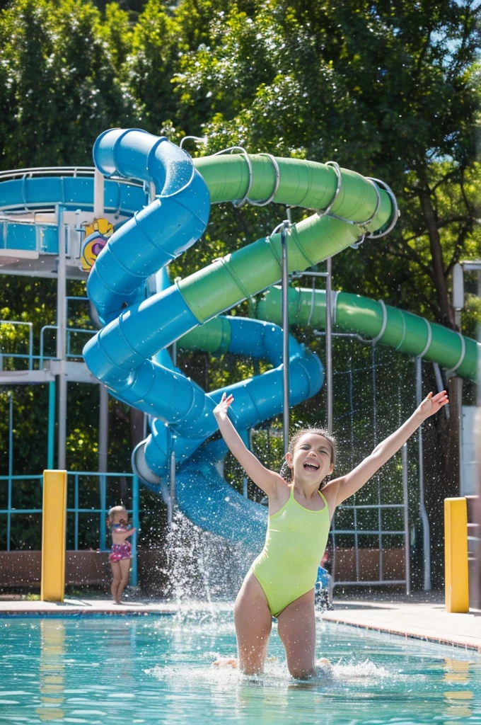 Create a highly realistic scene of an 8-year-old Italian girl having fun at a lively water park on a sunny day.
The girl is in the center of a splash pad, standing under a large colorful fountain. She has long wavy brown hair that is wet and slicked back by the water. She is wearing a lime-colored 2-piece swimsuit. Her expression is full of joy and excitement, with a wide smile on her face as she reaches out to touch the falling water with her hands.
Around her, other children also play in the splash pad, run through the water jets and stand under various fountains. The area is filled with laughter and the sound of splashing water.
Visible in the background are the water park's biggest attractions, including tall, twisting water slides, a lazy river and lively play structures. The sky is clear and blue, with the sun shining brightly, casting a warm and inviting glow over the scene.
Around the splash pad, parents and guardians can be seen sitting on lounge chairs, keeping an eye on their children as they enjoy the sunny day. Towels, bottles of sunscreen and picnic baskets are scattered around, adding to the lively, homely atmosphere.
This scene captures the pure joy and excitement of a playing in a water park, with the vibrant setting and dynamic activity creating a realistic and engaging image. The detailed environment and the girl's joyful expression highlight the fun and energy of a summer day spent at the water park