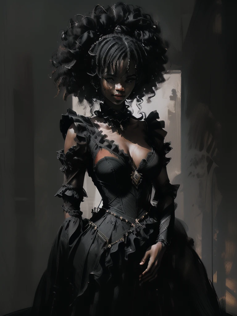 A beautiful ebony woman in regal dress looking over her shoulder, ebony skin, tanned skin, solo, (best quality, masterpiece:1.2), attractive woman, perfect body, curvy girl, hyperfeminine, cute and playful, renaissance painting, emotive expression, upper body, anatomically correct proportions, highly detailed, masterpiece, light smile, hyper realistic, depth of field, light and shade contrast, 8K, super detailing, Precise, Best quality, HD, high resolution