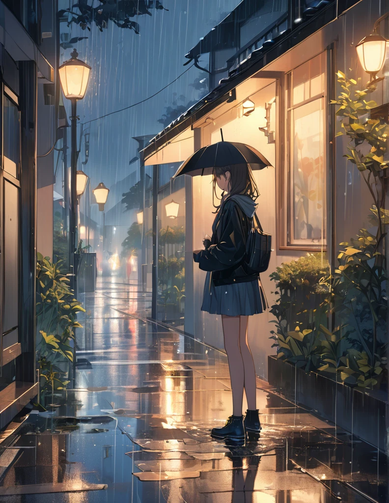 (Anime Style:1.4),A soft touch to painting,downpour,超High resolution, Attention to detail, high quality, High resolution, 最high quality, 4K, 8k,Road after the rain、evening、Puddle and girl&#39;s feet、Pastel color effect