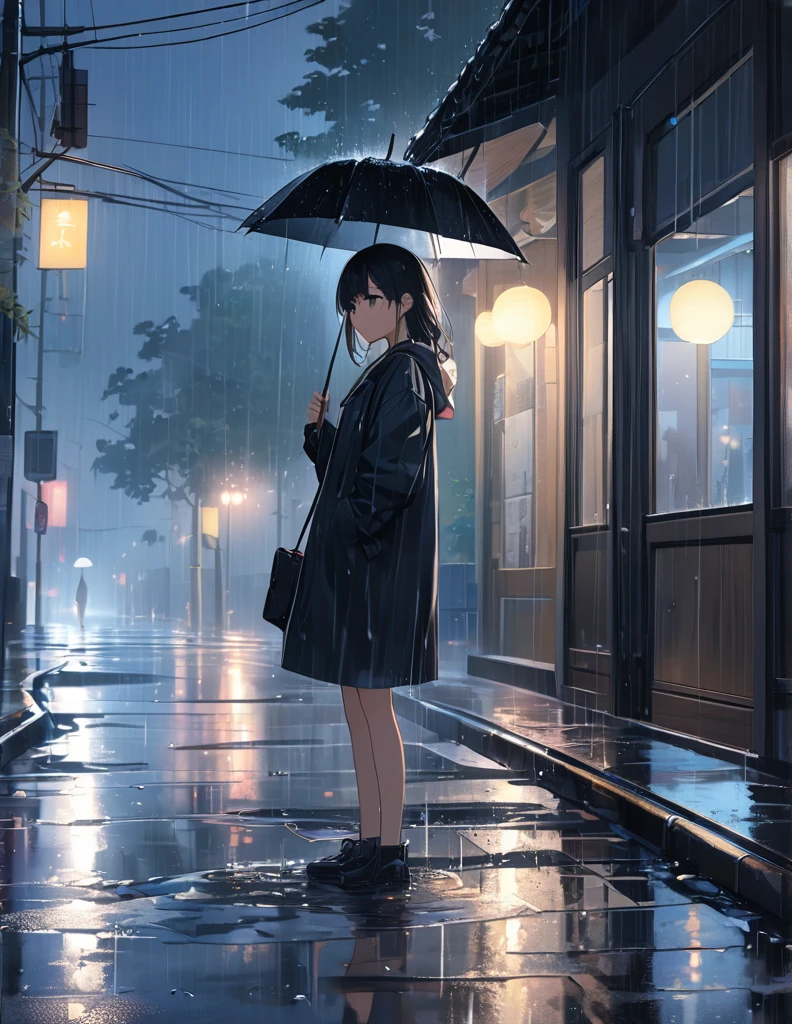 (Anime Style:1.4),A soft touch to painting,downpour,超High resolution, Attention to detail, high quality, High resolution, 最high quality, 4K, 8k,Road after the rain、evening、Puddle and girl&#39;s feet、Pastel color effect