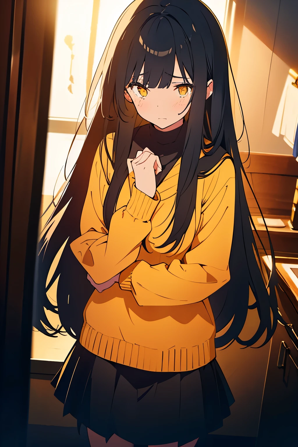 A girl, with long black hair, yellow eyes, wearing a black sweater and gray skirt, with a crying expression on her face, standing with her head bowed in a rather dark room, holding a pistol, HD picture, good art AI, NO BLUR PICTURE.