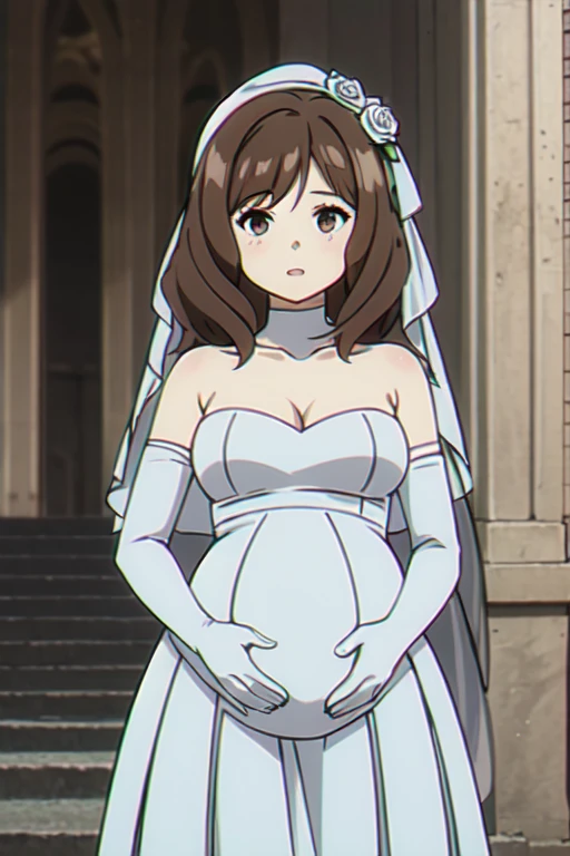 (((Best quality))),((Ultra-detailed)),((illustration)),((Disheveled hair)),((frilld)),(1 girl),(Solo),1girl,bare shoulders,blush,bouquet,bow,braid,bridal veil,bride dress,earrings,elbow gloves,hair flower,hair ornament,holding bouquet,indoors,jewelry,open mouth,pink rose,short hair,skirt hold,smile,solo,stained glass,stairs,strapless,strapless dress,veil,wedding dress,white dress,white flower,white gloves,white rose,yellow rose,brown eyes,brown hair,(8 months pregnant:1.4), rating:safe,