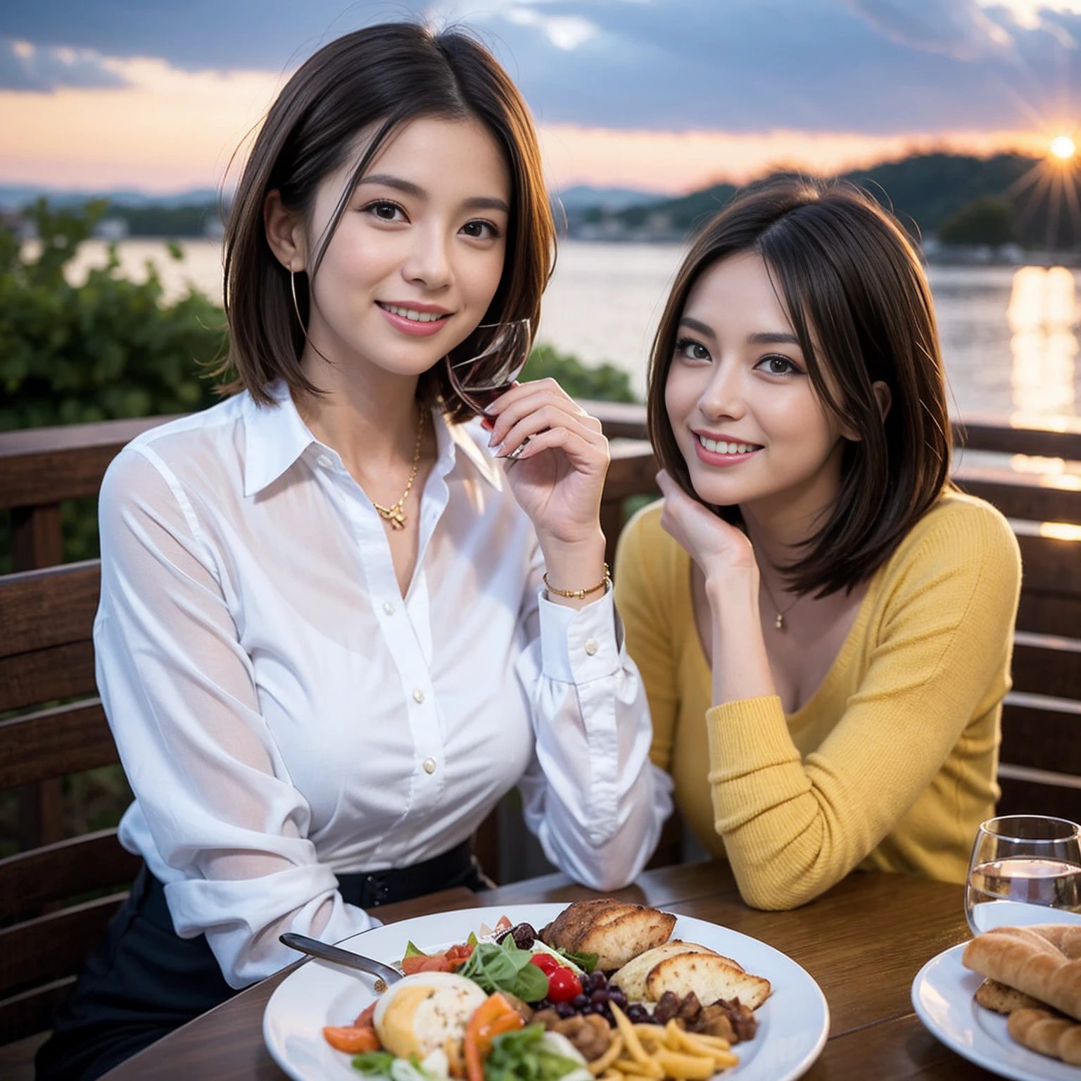 （Realistic:1.1）,(masterpiece,Highest quality)，8k,(38 years old), 42 years old, slimカップル、Model Couple、Actress/Actor、Tight waist,Upper Body,full-course dinner、wine 、Amazing view of the sunset sky and clouds、Perfect Anatomy, Brown Hair, Short Hair,Random Hairstyles,((Highly detailed face and eyes:1.2))(cute顔:1.4)，Beautiful actress face，Perfect golden ratio face，Long sleeve shirt、dress,(smile:1.2)、Shortcuts、cute、(Realistic, Intricate details:1.2), A bright smile、short hair,Bright Face、赤wine 、Appetizers、Italian food、wine bottle、Champagne、スパークリングwine、(slimな顔), (The body is slim), (Brown Hair), (Shortcuts),  Upper Body, 白wine, slim, wineグラス, 