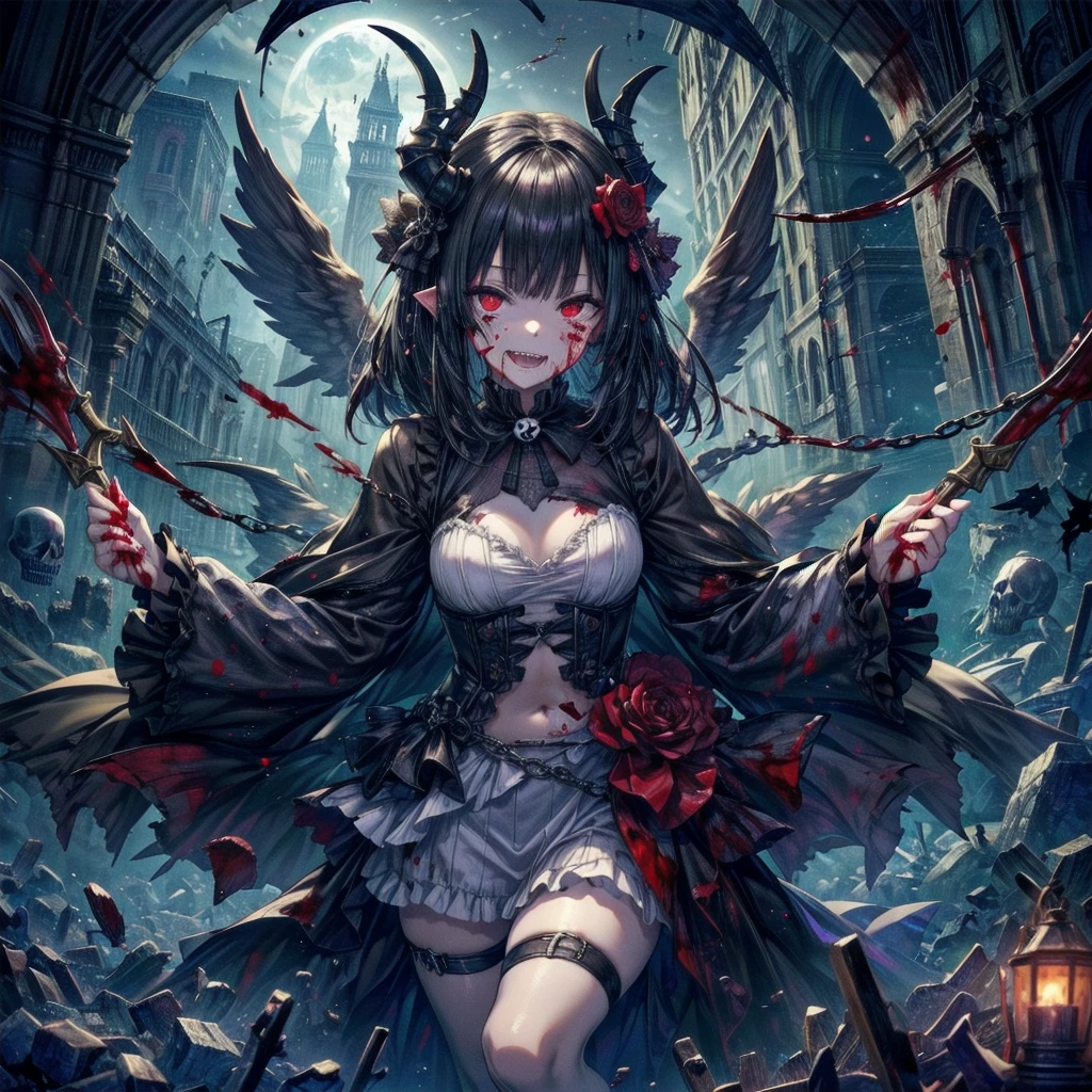 (Highest quality,4K,High resolution,masterpiece:1.2),Very detailed,Realistic:1.37,Spooky altar background,Dark fantasy,Red color scheme,Ominous atmosphere,Eye-catching,Storytelling,anatomy,Anime Style,Concept Art,beautiful細部までこだわった顔と (((Red eyes ))),Terrifying Ritual ,Satanic Ritual,Untimely Death,Unjust act,Crazy Smile,Scythe Face,Girl Monster, beautiful, Delicate facial features, Sharp Eye, Sharp Fangs, Pale skin, Thick chain, Dark Background, Cinema Lighting, Dramatic Shadows, Gothic style, Gloomy atmosphere, Dark fantasy, One Girl, , Please open your mouth wide, Open your mouth and baring your teeth,Sharp teeth like a beast, Wide lips, very wide mouth, Vermilion cheeks, ,(Blood splatter:1.4),Scary smile, laugh at,Fallen angel design, Twisted smile、Bloodstained、bleeding from the head,,、Blood splatter、,(Blood splatter:1.4),Crossbones, skull,Horror Style, ((Fantasy Fallen Angel Costume)), ((Flowing black hair)), ,(Blood splatter:1.4),Female curves, Sexy flat stomach, Perfect hands, Perfect anime face, ((White ta Dress)), Are standing, ((Wicked Smile)), ,(Blood splatter:1.4), Steam circulates, Moonlight Illumination, night lighting, disaster々new devil horns,,(Blood splatter:1.6),アニメFallen angel design, Twisted smile、Bloodstained、bleeding from the head,,、Blood splatter、,(Blood splatter:1.4),Crossbones, skull,Gothic architecture、Western architecture、Fantasy World、,Victorian cities, Skeleton Gaslight,