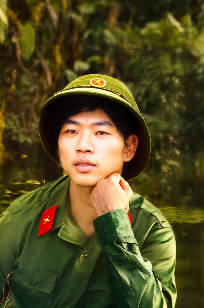 RAW photo of a 30 year old man, wearing a green Vietnamese army shirt, Asian, short black hair, real face, real skin, (photorealistic:1.4), (high detail soft skin:1.2 ), 8k uhd, dslr, soft light, high quality, grain film, Fujifilm XT