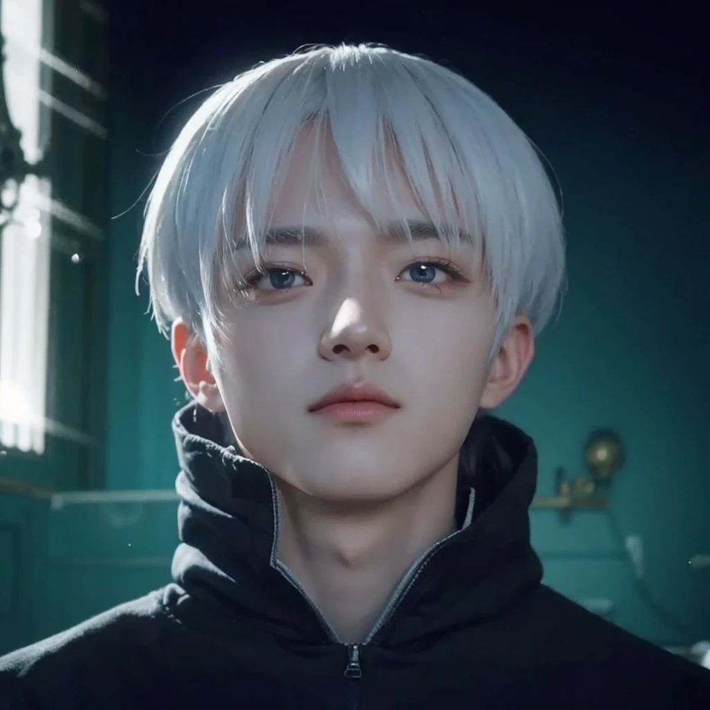 Real life adaption of this character, korean handsome face,realistic outfit,detailed eyes,realistic white hair,realistic background,hyper realistic,realism,realistic light, realistic shadow,(photorealistic:1.2), looking to viewer